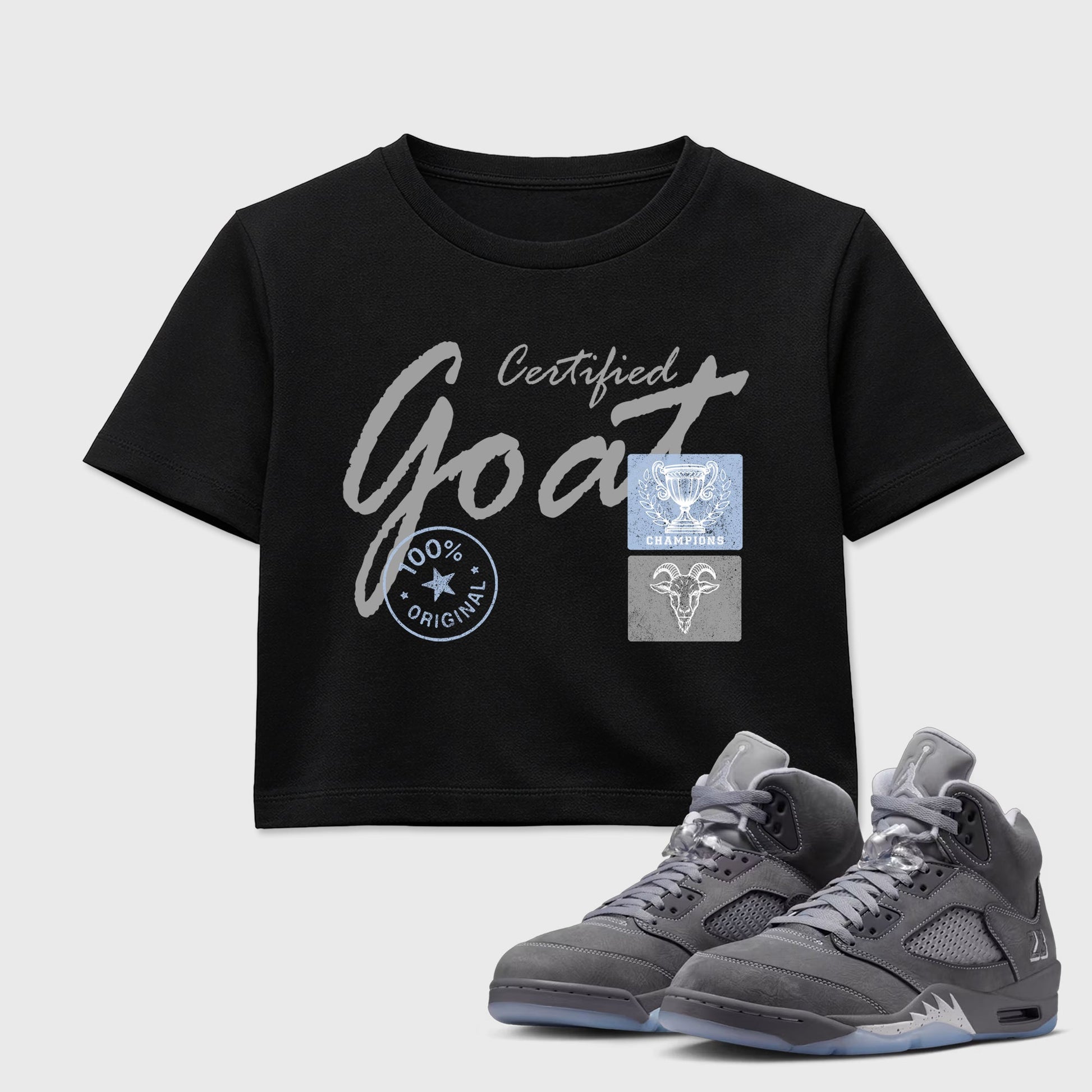 Sneakerfit for Sneakerheads – Sneaker Tees To Match Air Jordan 5 Wolf Grey Sneakers – Certified Goat Crop T-Shirt Black 1