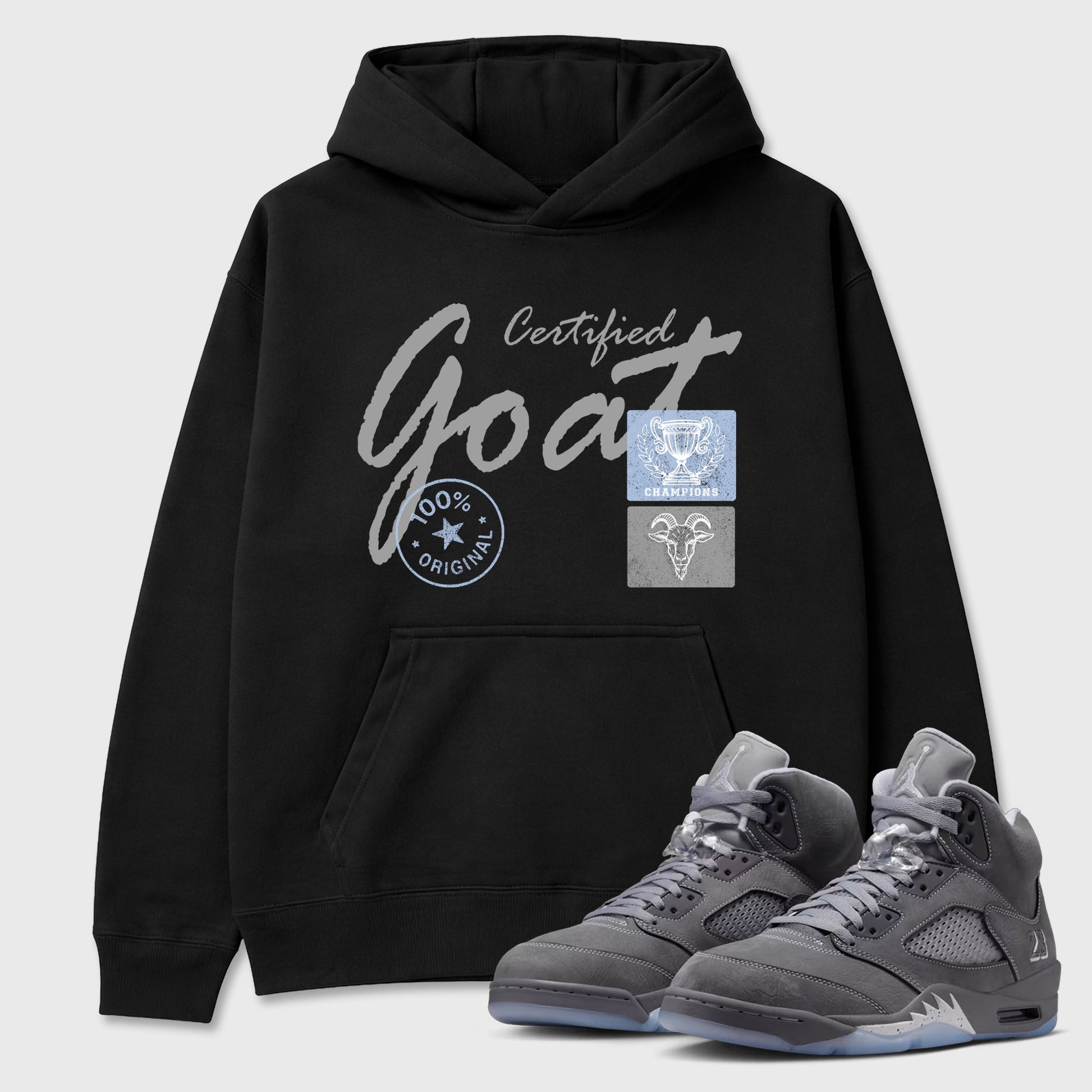 Sneakerfit for Sneakerheads – Sneaker Tees To Match Air Jordan 5 Wolf Grey Sneakers – Certified Goat Tee Black 1