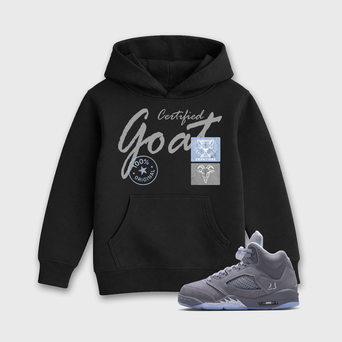 Sneakerfit for Sneakerheads – Sneaker Tees To Match Air Jordan 5 Wolf Grey Sneakers – Certified Goat Kids T-Shirt Black 1