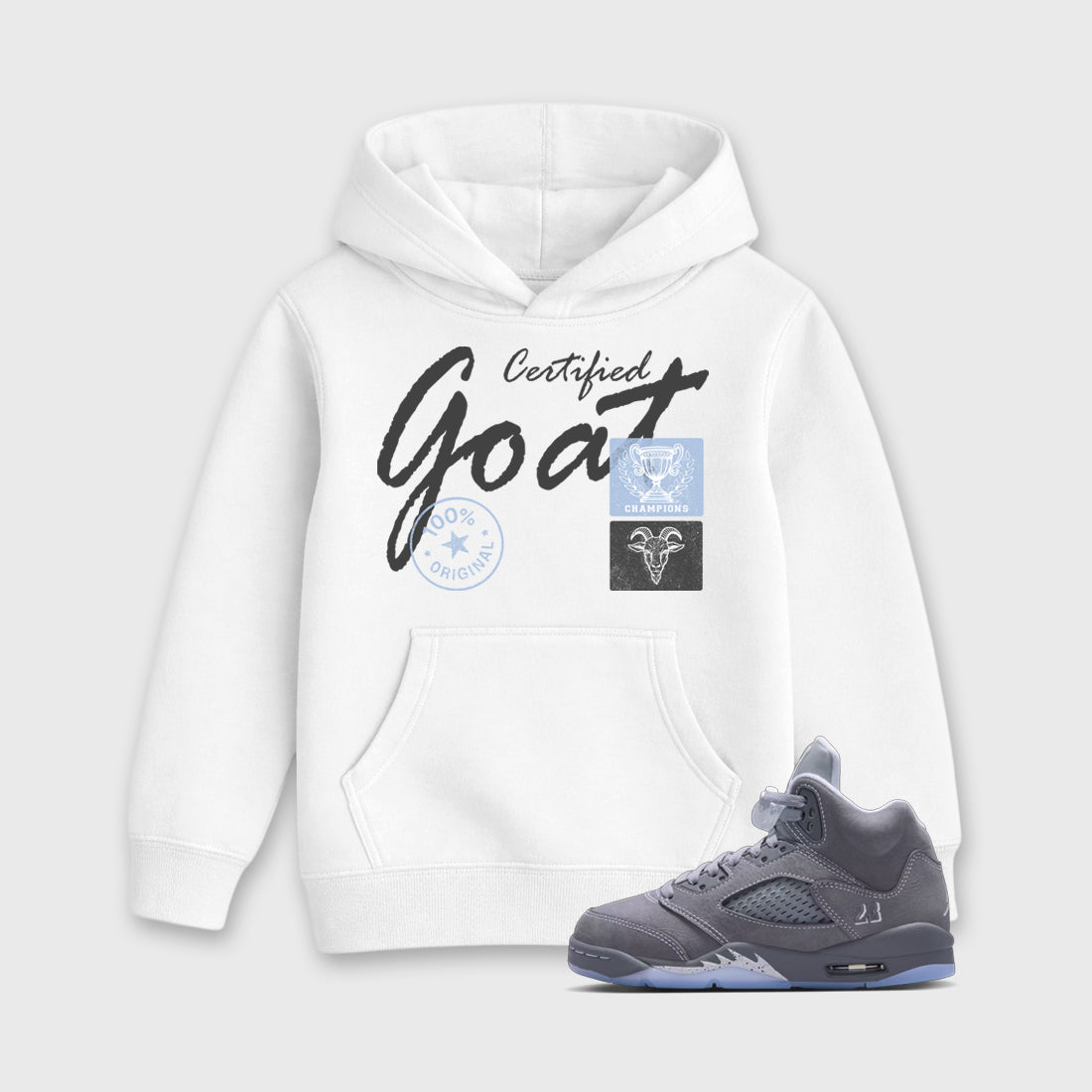 Sneakerfit for Sneakerheads – Sneaker Tees To Match Air Jordan 5 Wolf Grey Sneakers – Certified Goat Kids T-Shirt White 1