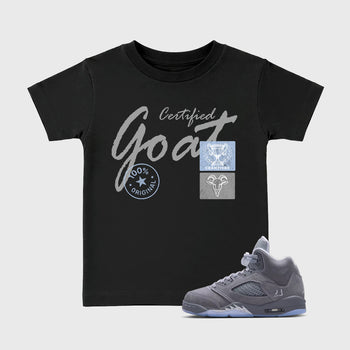 Sneakerfit for Sneakerheads – Sneaker Tees To Match Air Jordan 5 Wolf Grey Sneakers – Certified Goat Kids T-Shirt Black 1