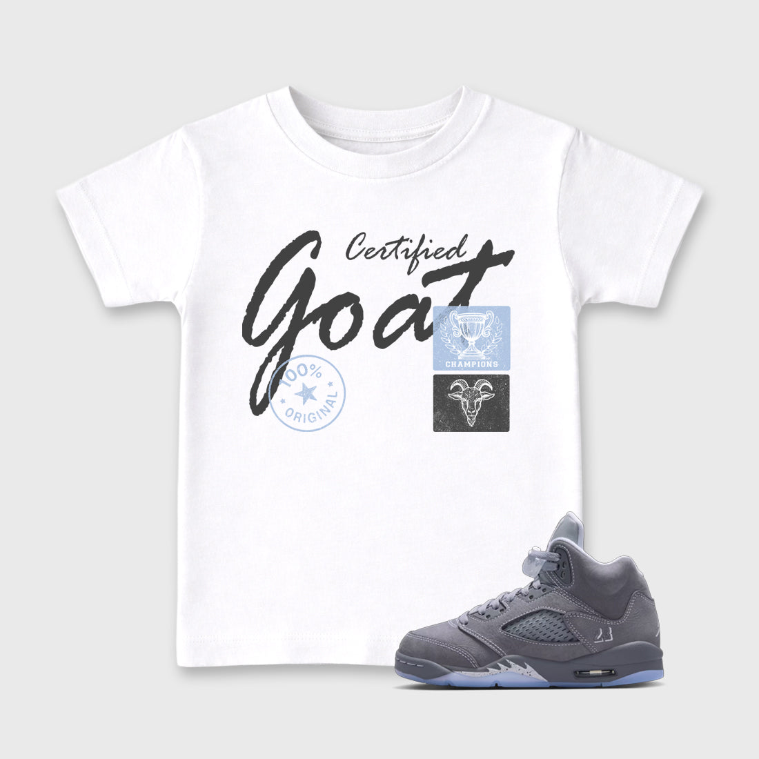 Sneakerfit for Sneakerheads – Sneaker Tees To Match Air Jordan 5 Wolf Grey Sneakers – Certified Goat Kids T-Shirt White 1