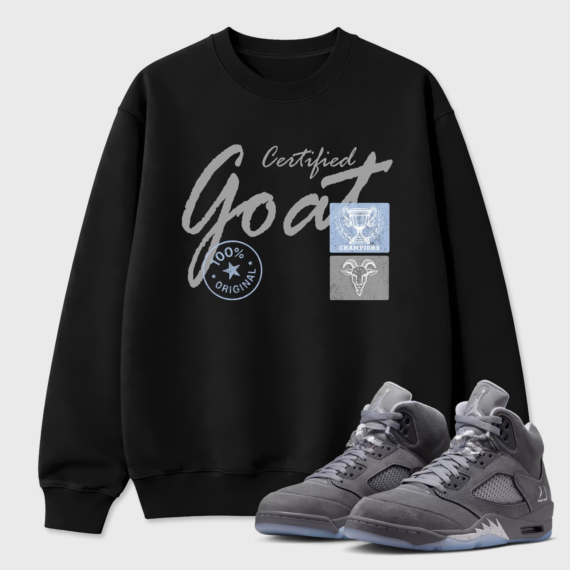 Sneakerfit for Sneakerheads – Sneaker Tees To Match Air Jordan 5 Wolf Grey Sneakers – Certified Goat Tee Black 1