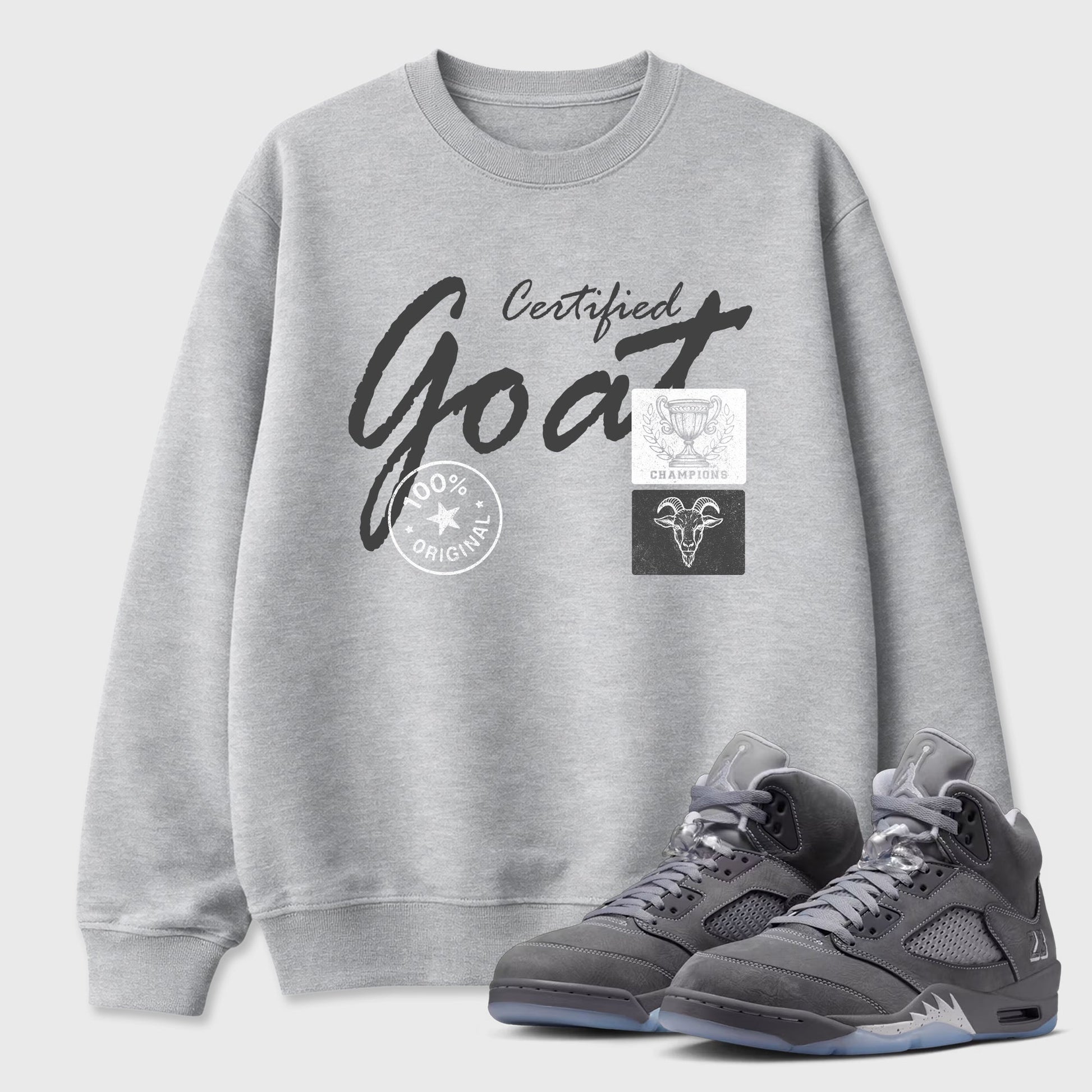 Sneakerfit for Sneakerheads – Sneaker Tees To Match Air Jordan 5 Wolf Grey Sneakers – Certified Goat Tee Heather Grey 1