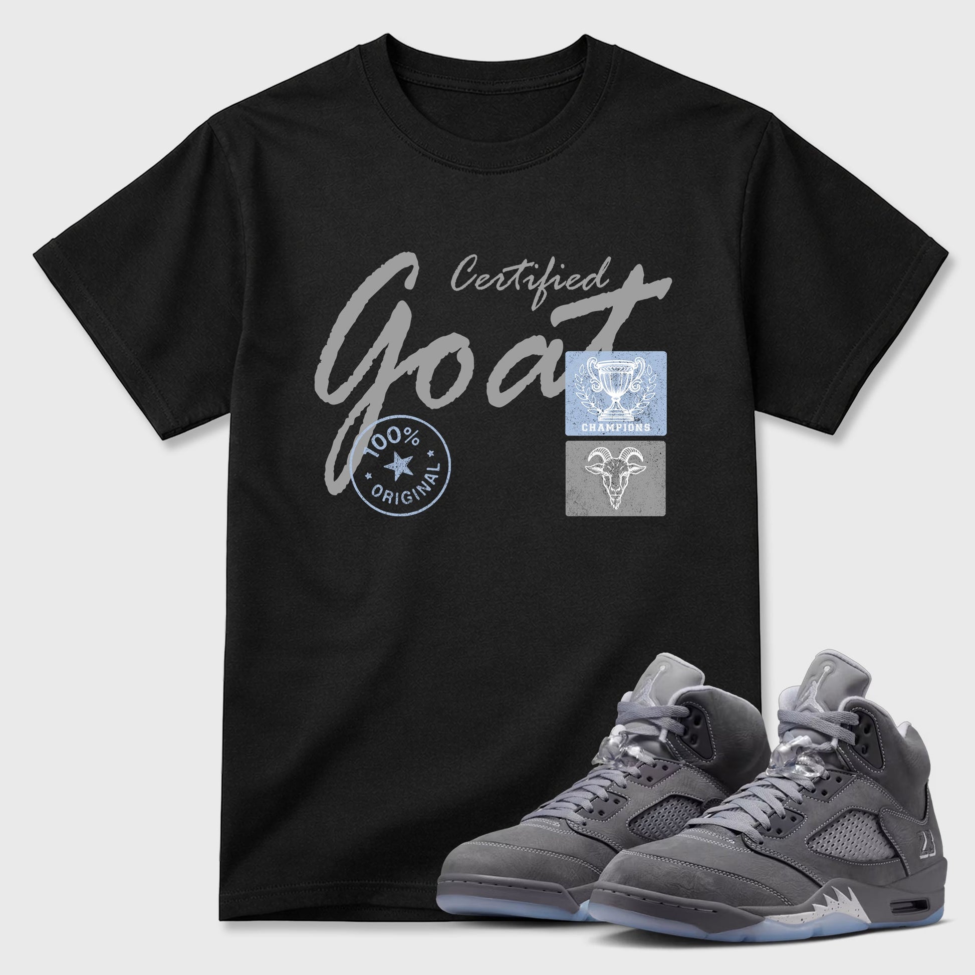 Sneakerfit for Sneakerheads – Sneaker Tees To Match Air Jordan 5 Wolf Grey Sneakers – Certified Goat Tee Black 1