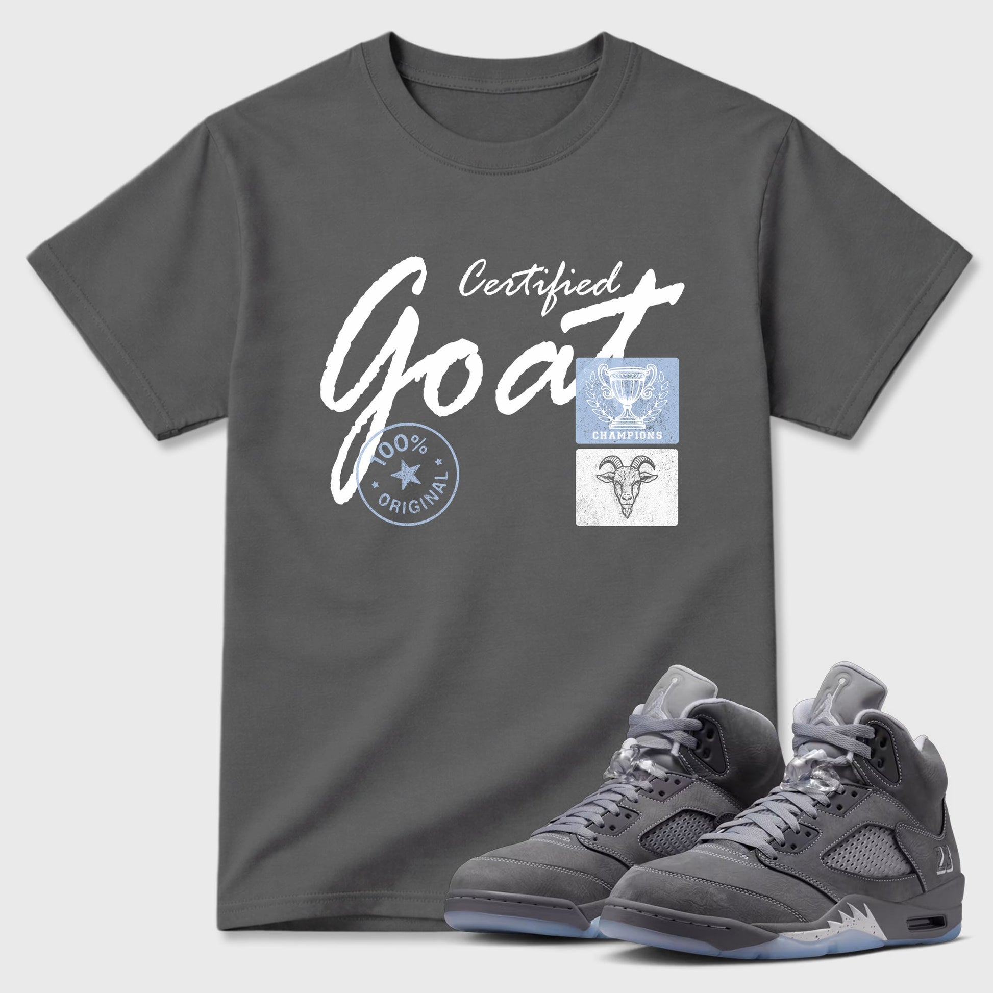 Sneakerfit for Sneakerheads – Sneaker Tees To Match Air Jordan 5 Wolf Grey Sneakers – Certified Goat Tee Cool Grey 1