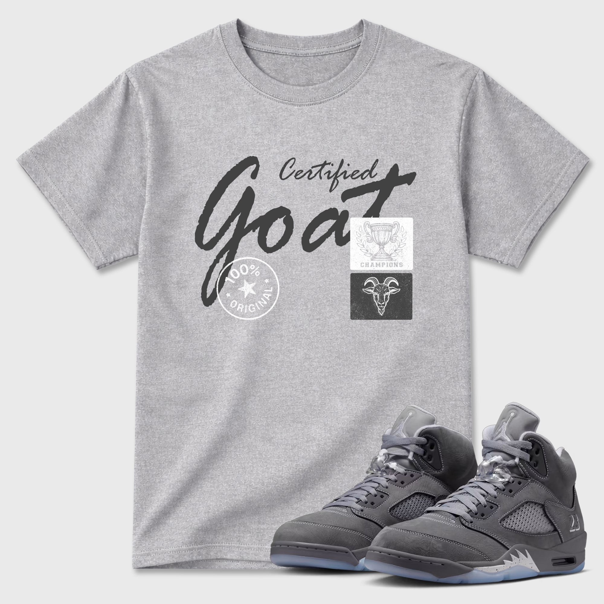 Sneakerfit for Sneakerheads – Sneaker Tees To Match Air Jordan 5 Wolf Grey Sneakers – Certified Goat Tee Heather Grey 1
