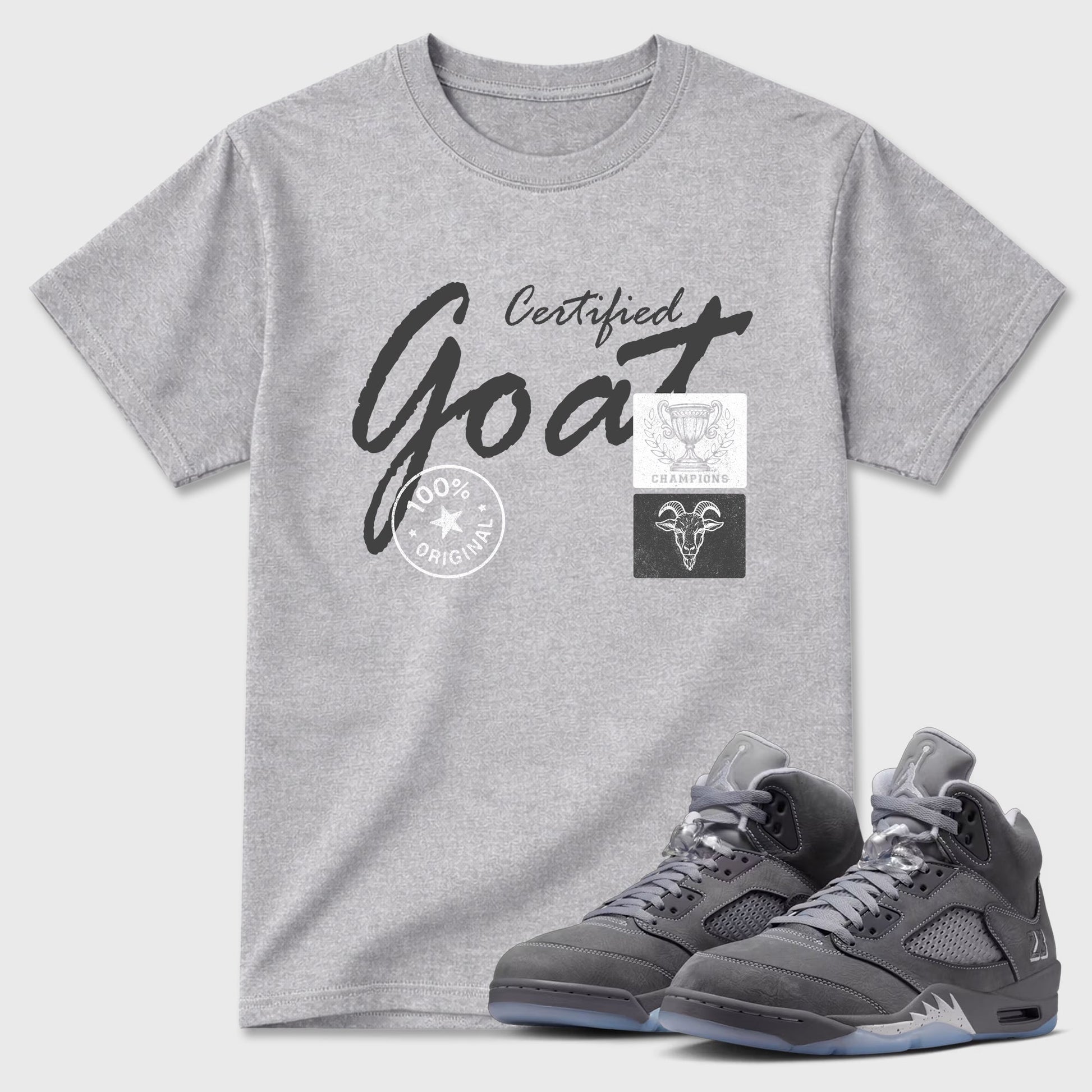 Sneakerfit for Sneakerheads – Sneaker Tees To Match Air Jordan 5 Wolf Grey Sneakers – Certified Goat Tee Heather Grey 1