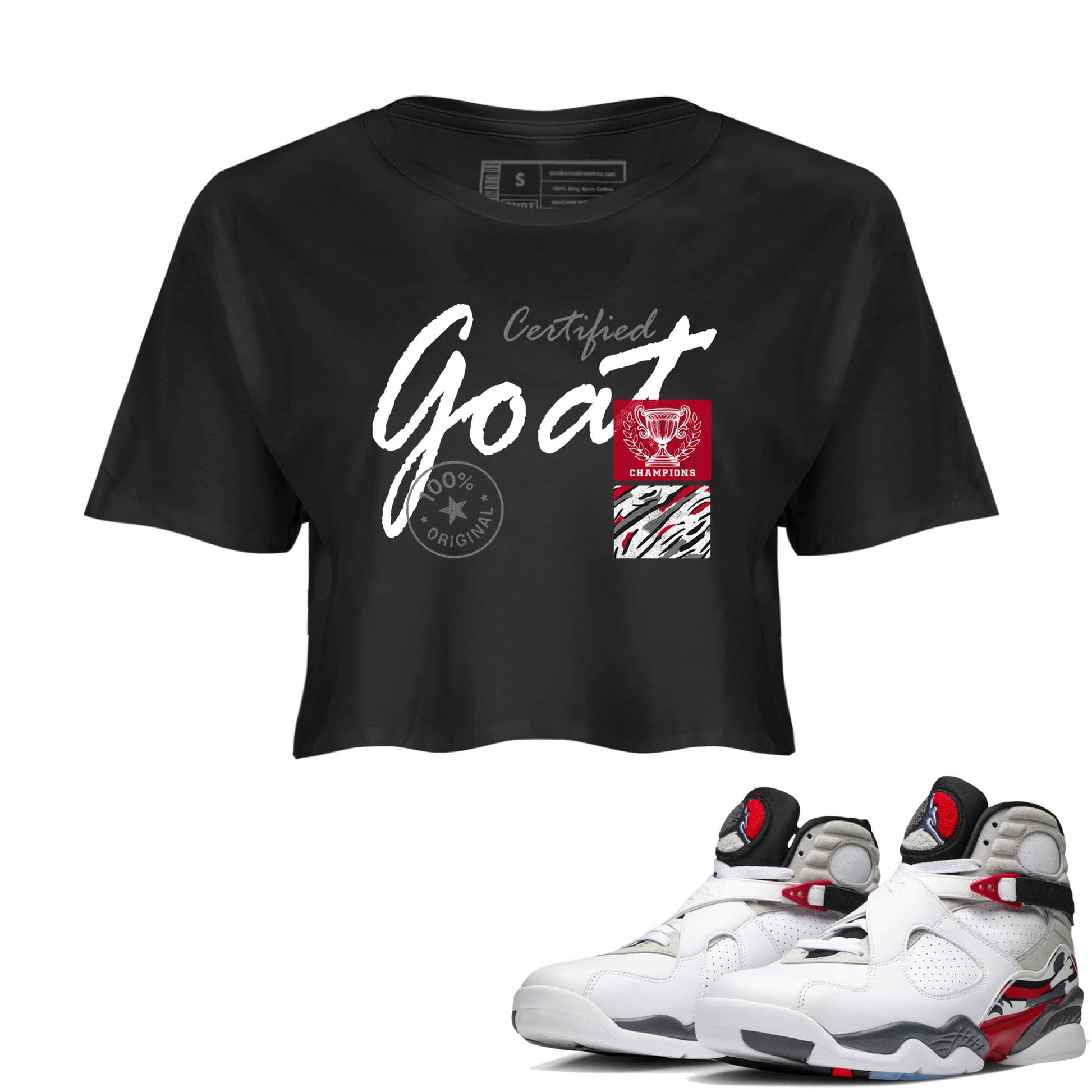 Sneaker Threads – Sneaker Tees To Match Air Jordan 8 Bunny – Certified Goat Crop Tee Black 1. Perfect for Jordan releases 2025 colorways.