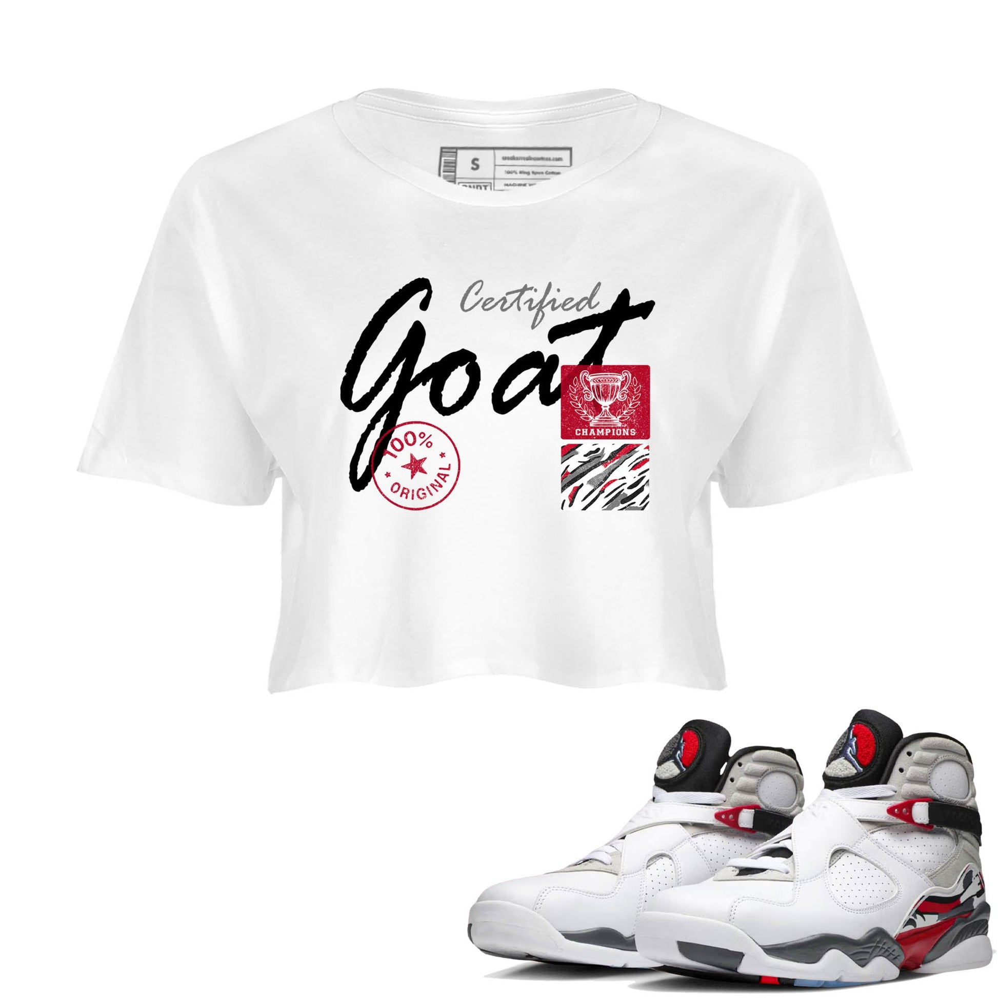 Sneaker Threads – Sneaker Tees To Match Air Jordan 8 Bunny – Certified Goat Crop Tee White 1. Perfect for Jordan releases 2025 colorways.