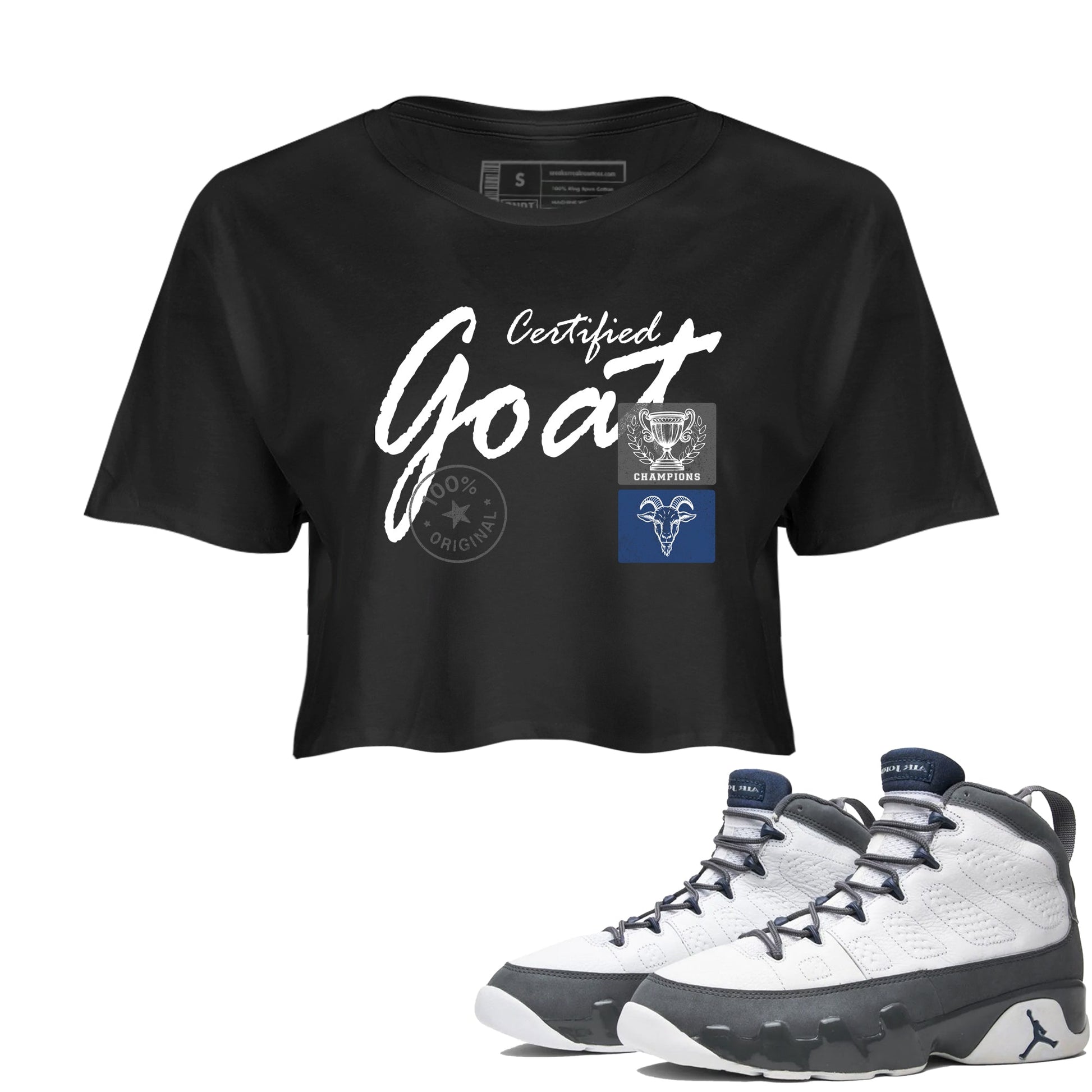 Sneaker match tees – Sneaker Tees To Match Air Jordan 9 Flint Grey Shoes – Certified Goat Crop T-Shirt Black 1