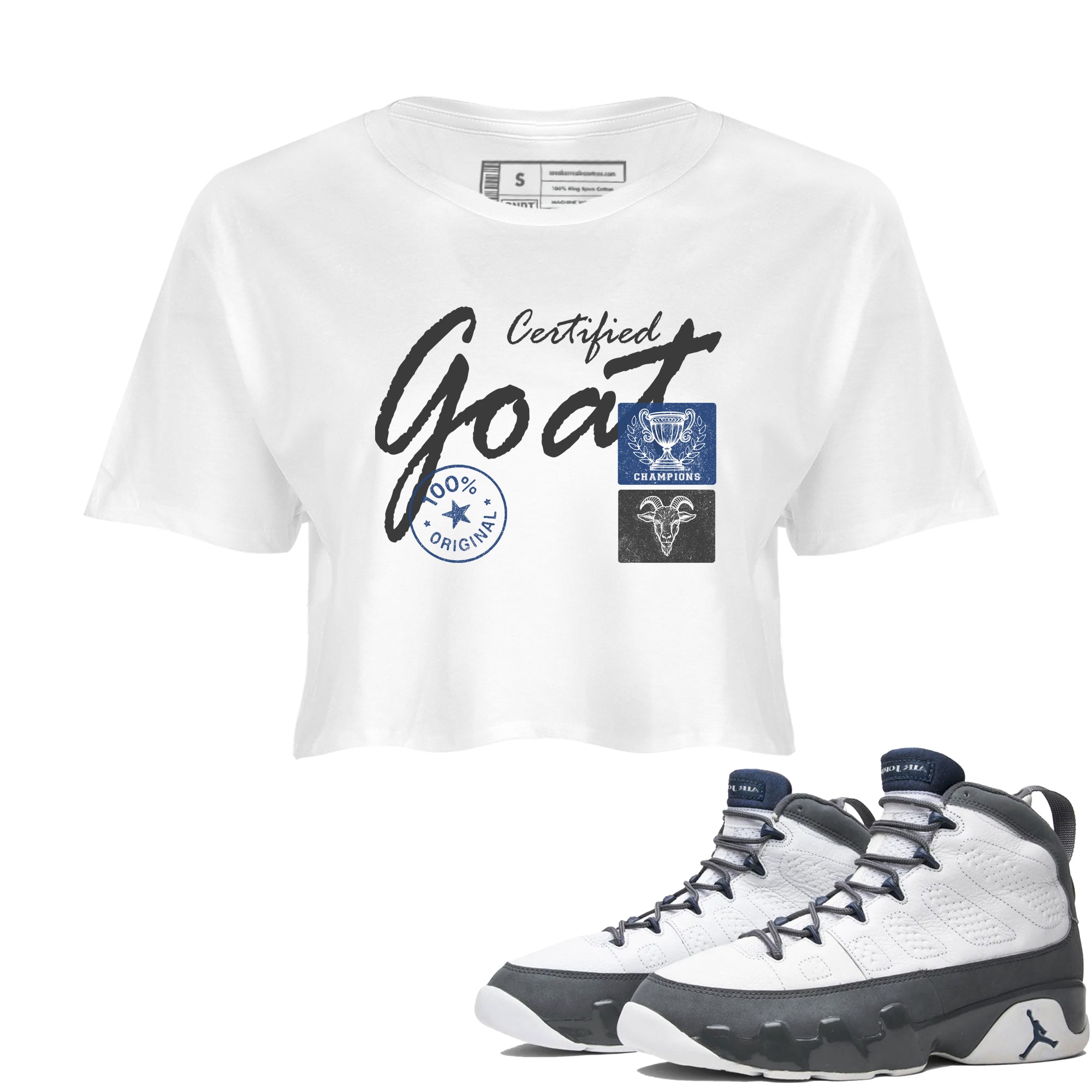 Sneaker match tees – Sneaker Tees To Match Air Jordan 9 Flint Grey Shoes – Certified Goat Crop T-Shirt White 1
