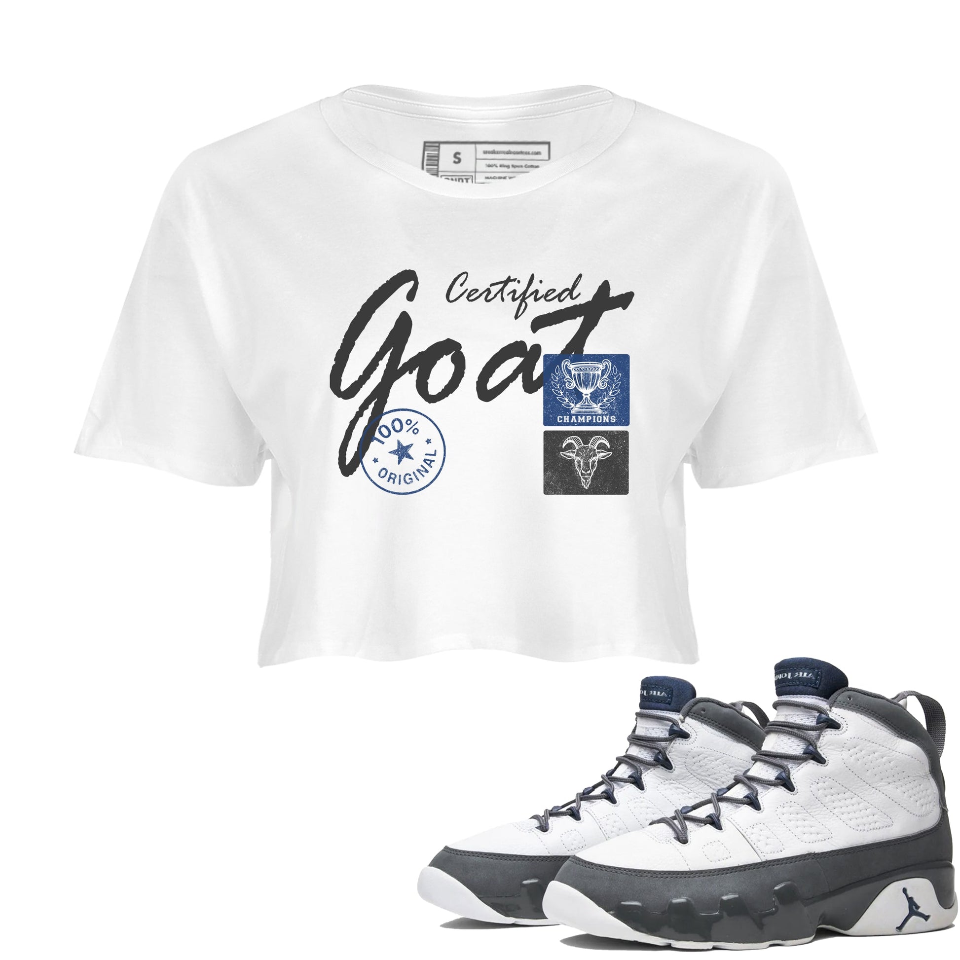 Sneaker match tees – Sneaker Tees To Match Air Jordan 9 Flint Grey Shoes – Certified Goat Crop T-Shirt White 1