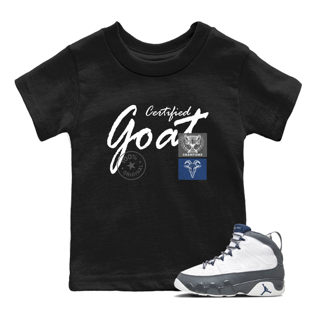 Sneaker match tees – Sneaker Tees To Match Air Jordan 9 Flint Grey Shoes – Certified Goat Kids T-Shirt Black 1