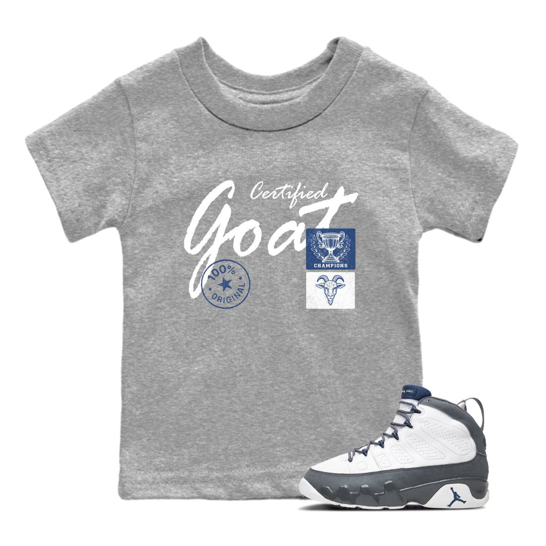 Sneaker match tees – Sneaker Tees To Match Air Jordan 9 Flint Grey Shoes – Certified Goat Kids T-Shirt Heather Grey 1