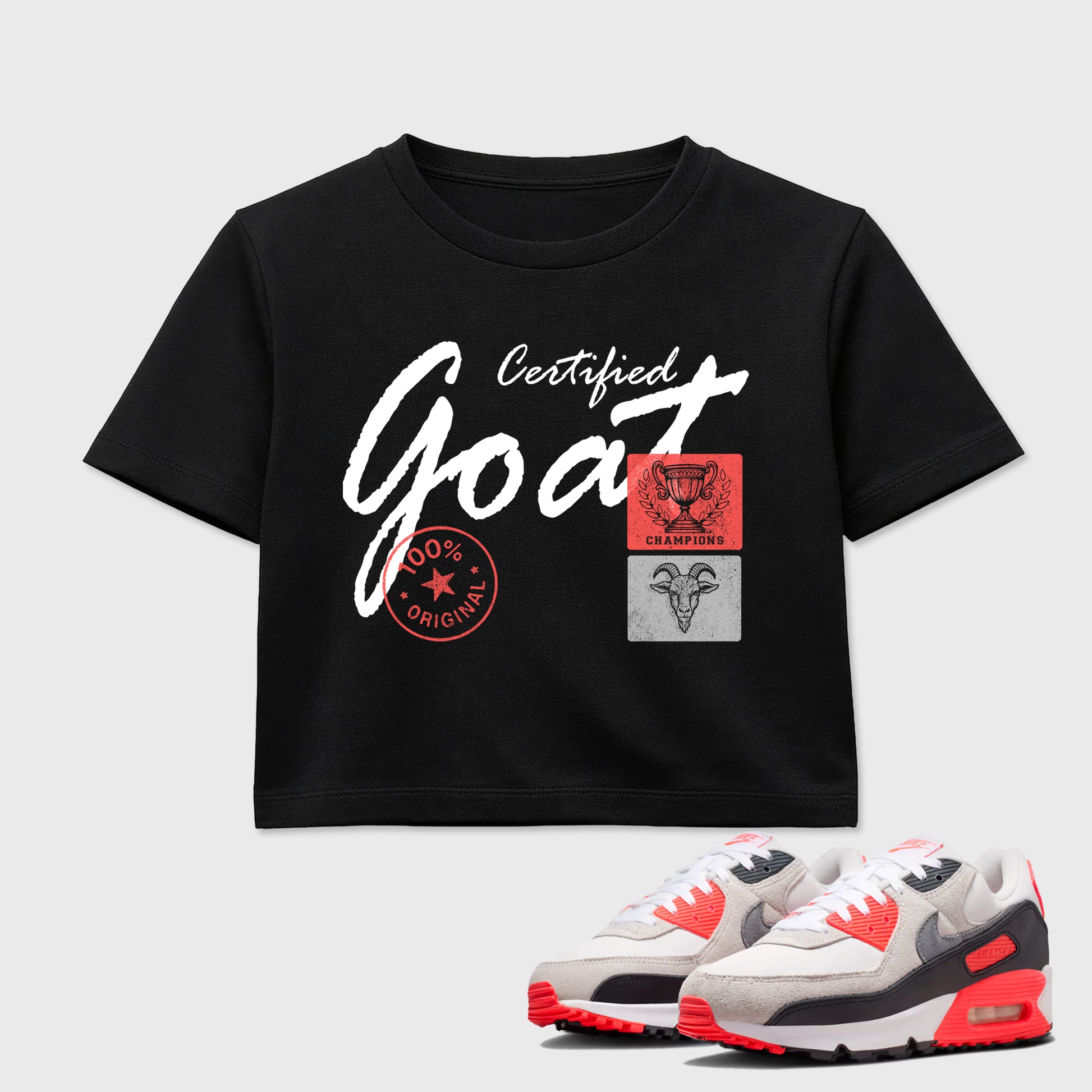 Sneaker match tees – Sneaker Tees To Match Air Max 90 Infrared Shoes – Certified Goat Crop T-Shirt Black 1