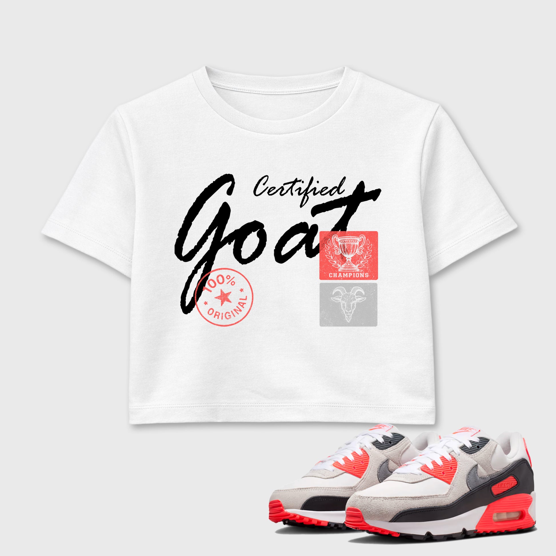 Sneaker match tees – Sneaker Tees To Match Air Max 90 Infrared Shoes – Certified Goat Crop T-Shirt White 1
