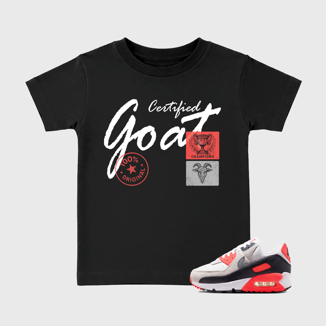 Sneaker match tees – Sneaker Tees To Match Air Max 90 Infrared Shoes – Certified Goat Kids T-Shirt Black 1