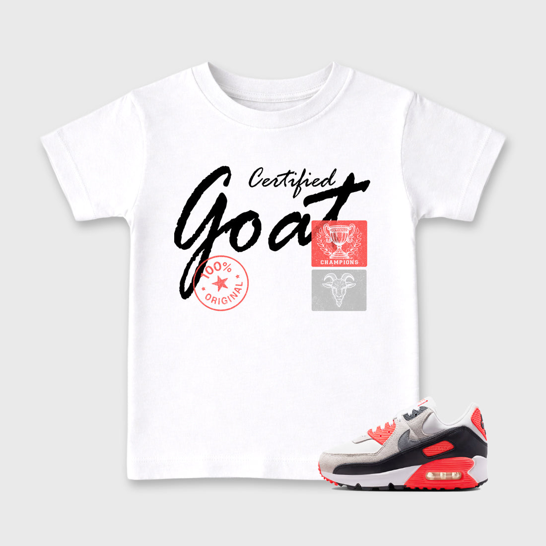 Sneaker match tees – Sneaker Tees To Match Air Max 90 Infrared Shoes – Certified Goat Kids T-Shirt White 1