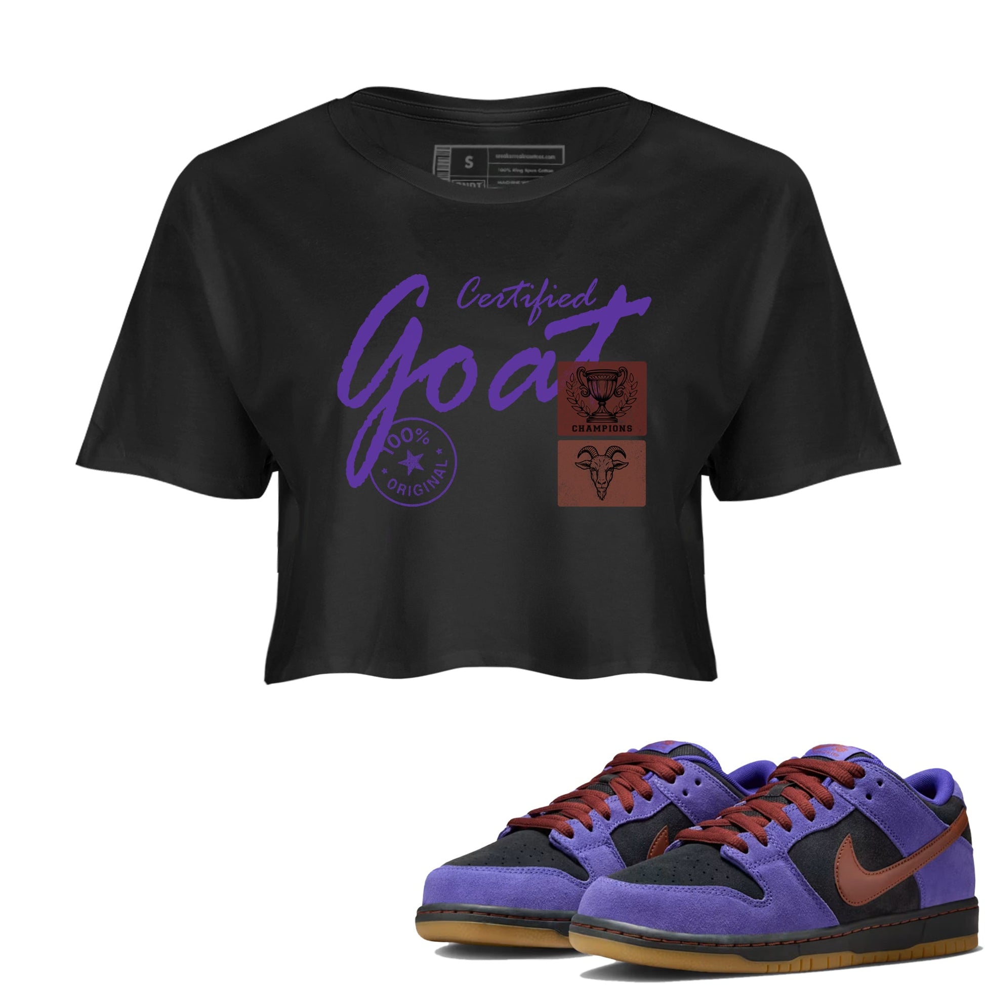 Sneaker match tees – Sneaker Threads To Match Dunk Low Persian Violet Shoes – Certified Goat Crop T-Shirt Black 1