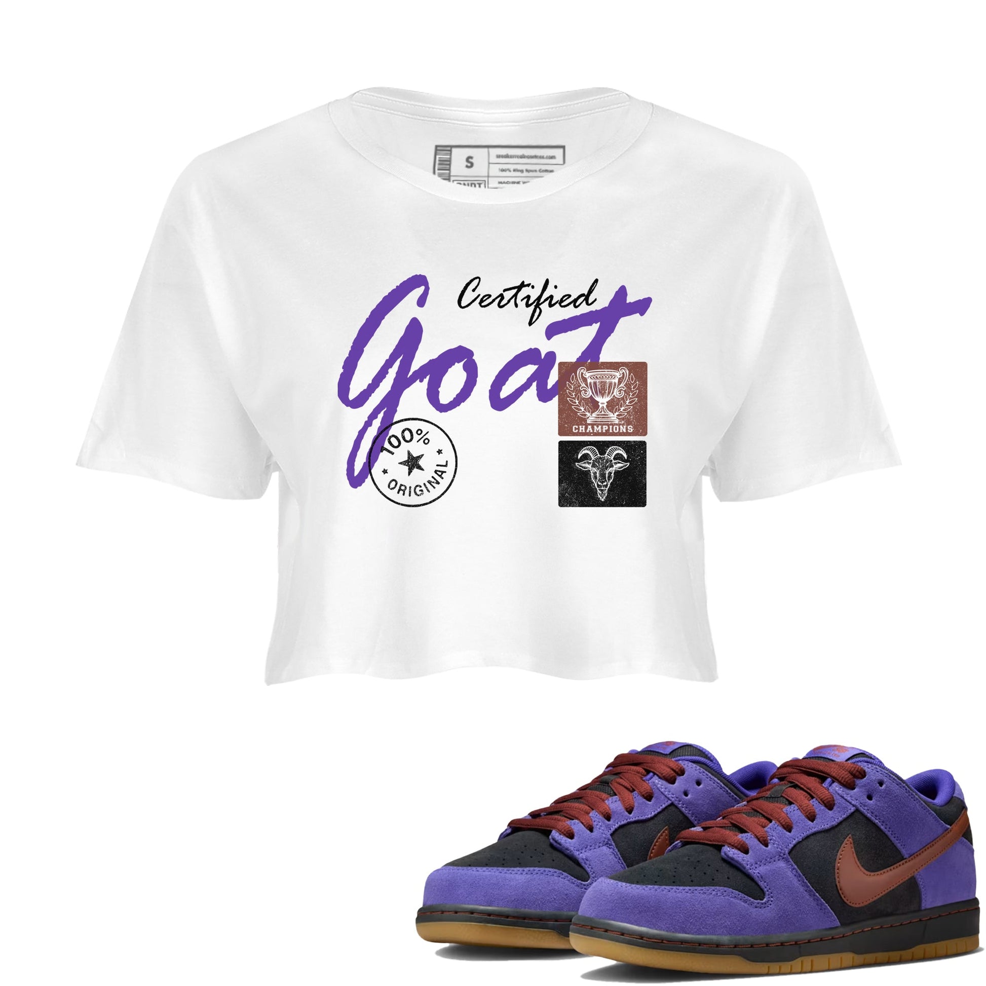 Sneaker match tees – Sneaker Threads To Match Dunk Low Persian Violet Shoes – Certified Goat Crop T-Shirt White 1