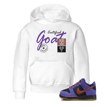 Sneaker match tees – Sneaker Threads To Match Dunk Low Persian Violet Shoes – Certified Goat Kids T-Shirt White 1
