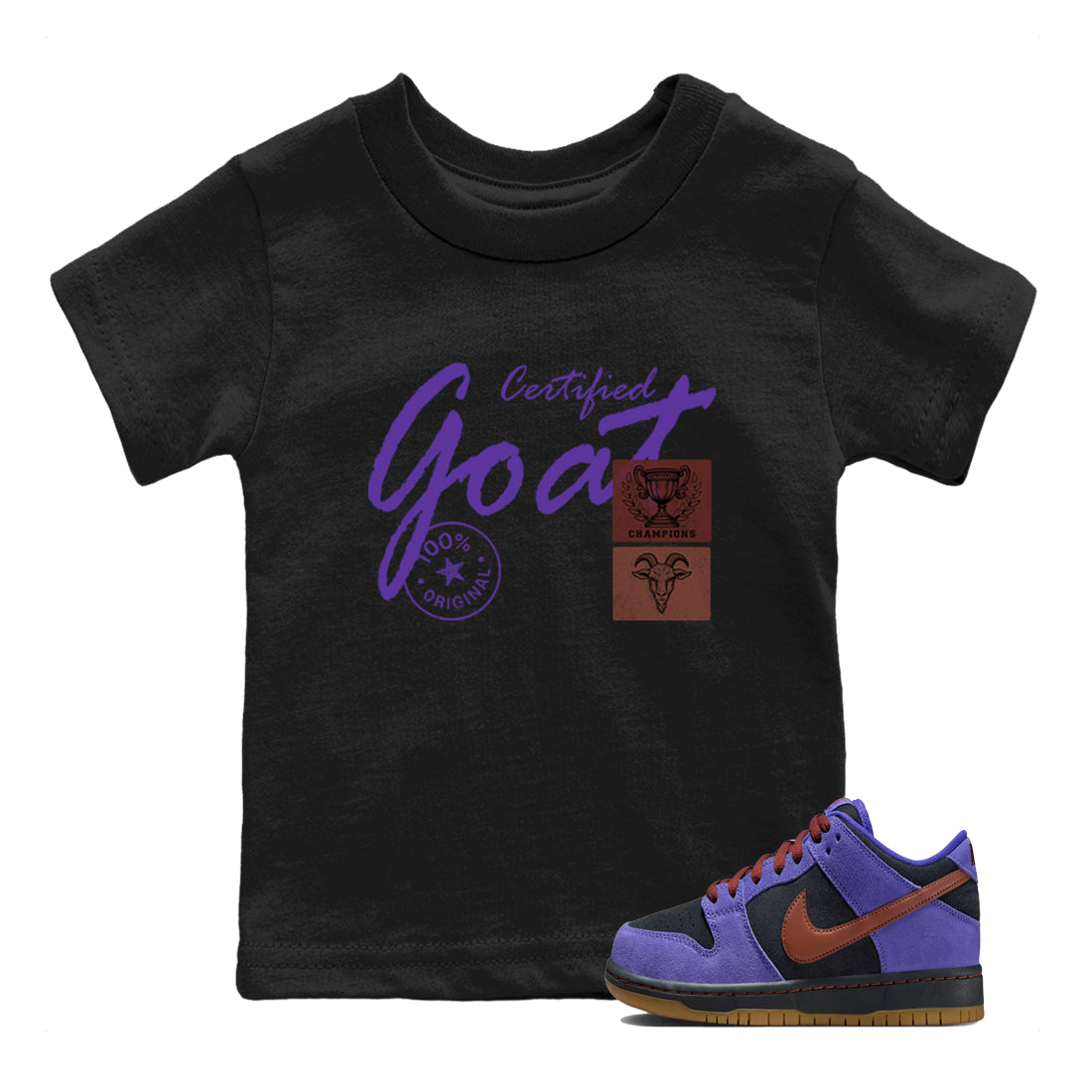 Sneaker match tees – Sneaker Threads To Match Dunk Low Persian Violet Shoes – Certified Goat Kids T-Shirt Black 1