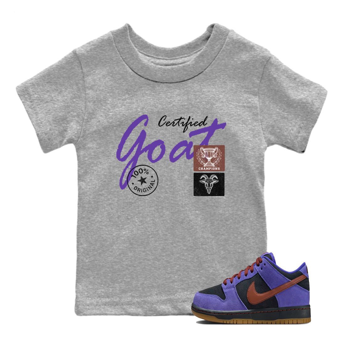 Sneaker match tees – Sneaker Threads To Match Dunk Low Persian Violet Shoes – Certified Goat Kids T-Shirt Heather Grey 1