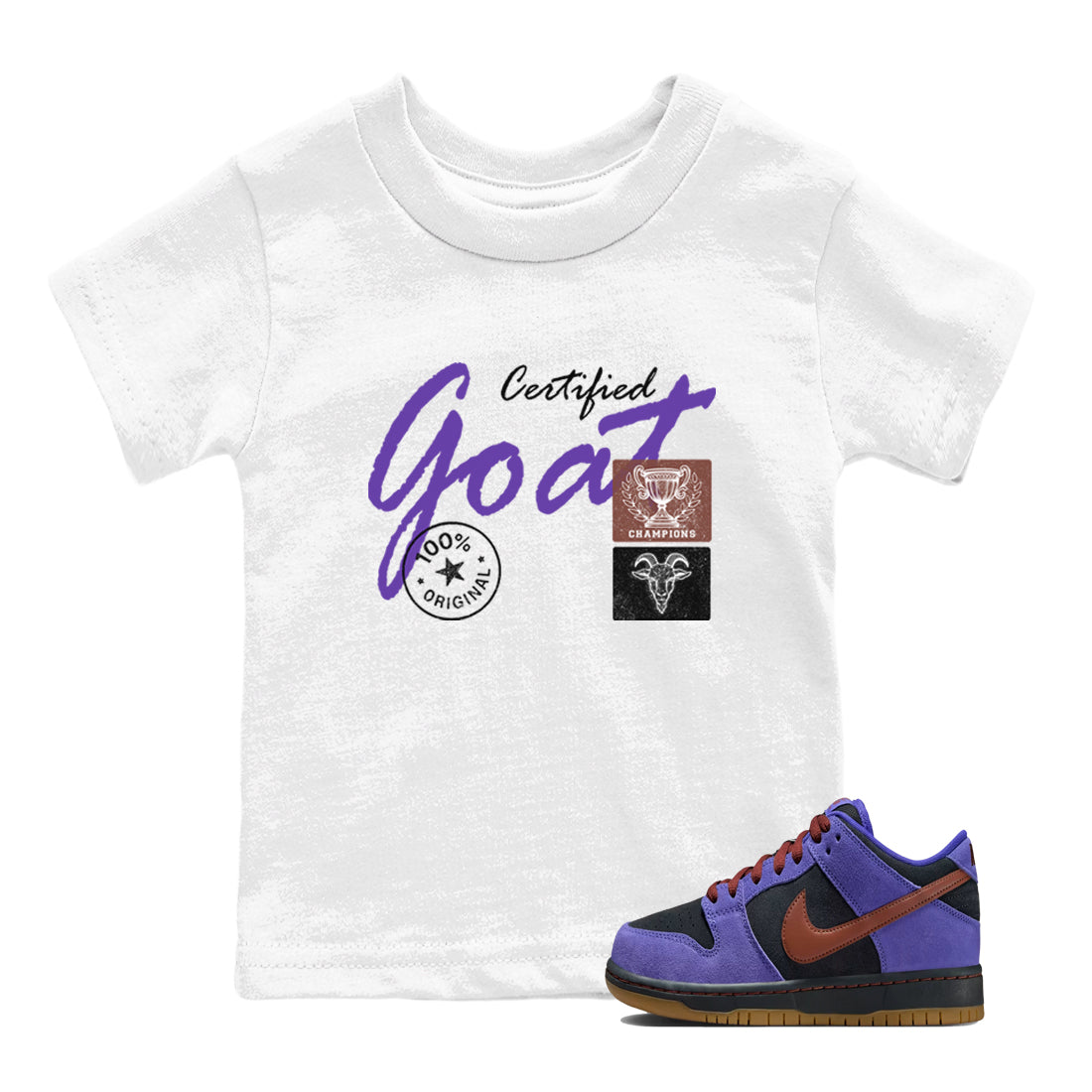 Sneaker match tees – Sneaker Threads To Match Dunk Low Persian Violet Shoes – Certified Goat Kids T-Shirt White 1