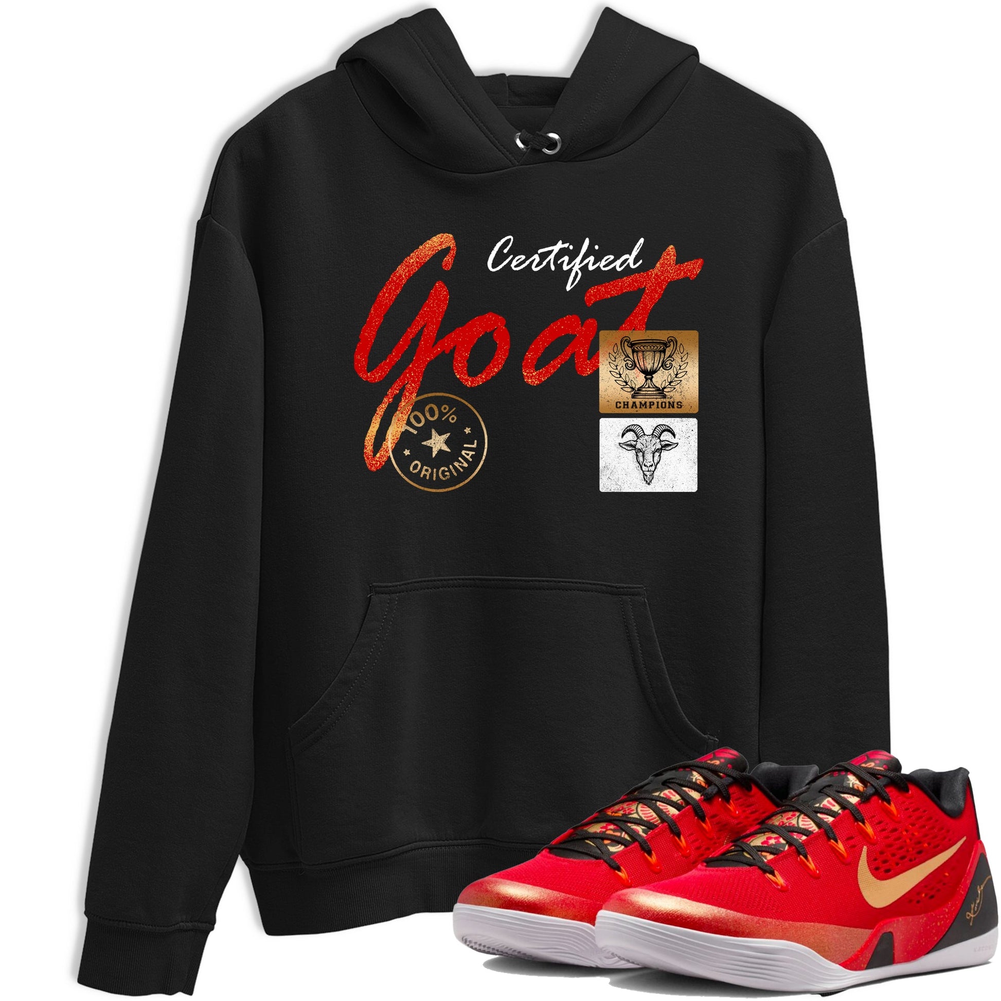 Sneaker match tees – Sneaker Tees To Match Nike KB 9 China Kobe 9 Low Proto EM University Red and Metallic Gold Shoes – Certified Goat Tee Black 1