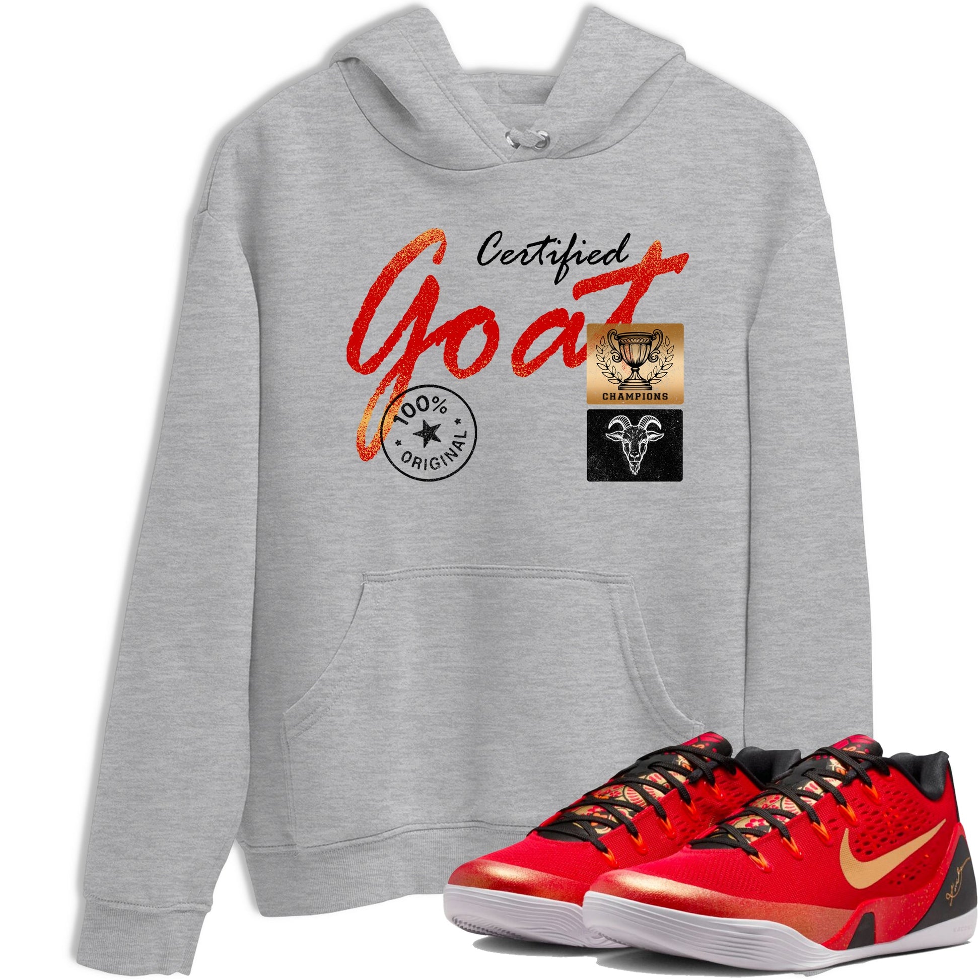 Sneaker match tees – Sneaker Tees To Match Nike KB 9 China Kobe 9 Low Proto EM University Red and Metallic Gold Shoes – Certified Goat Tee Heather Grey 1