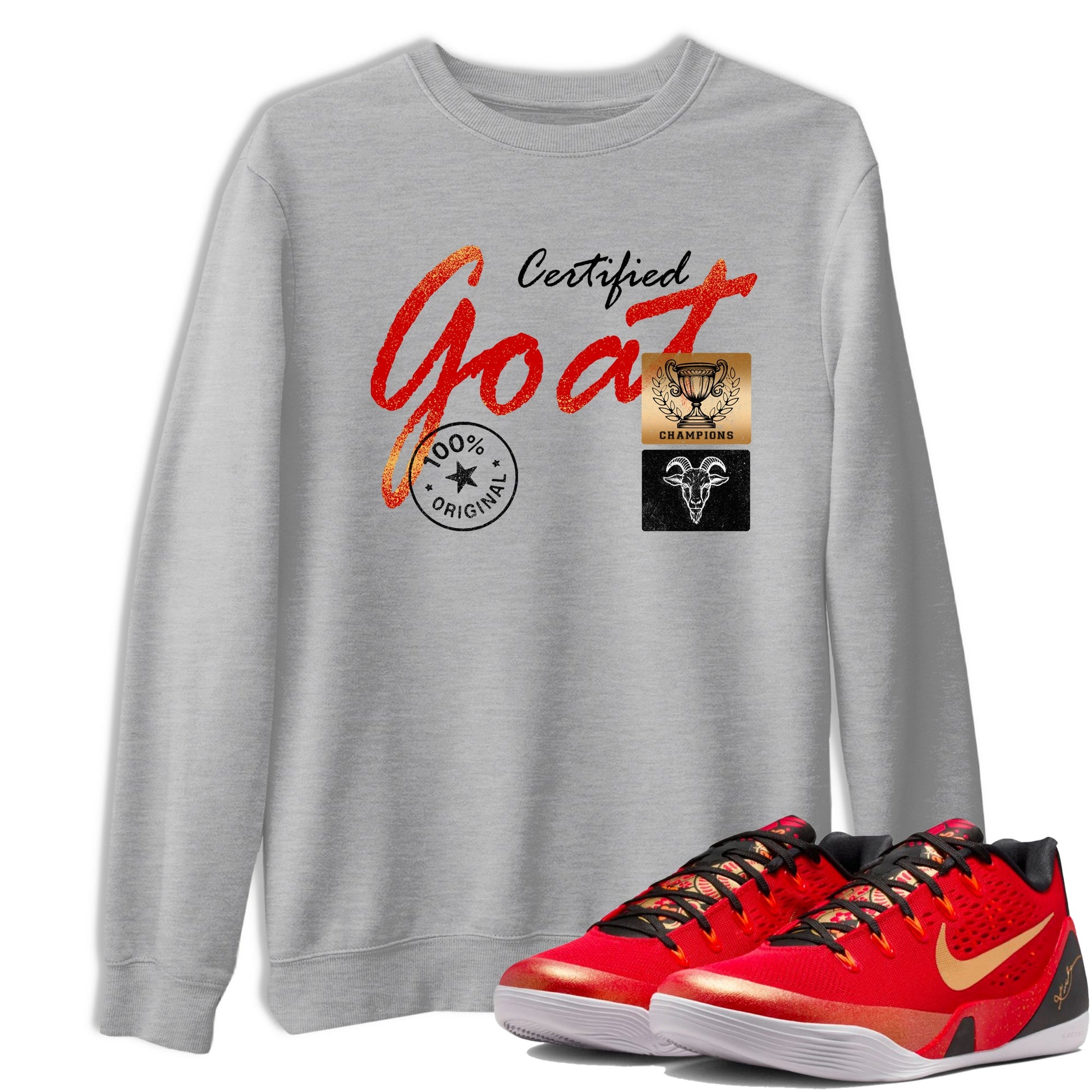 Sneaker match tees – Sneaker Tees To Match Nike KB 9 China Kobe 9 Low Proto EM University Red and Metallic Gold Shoes – Certified Goat Tee Heather Grey 1