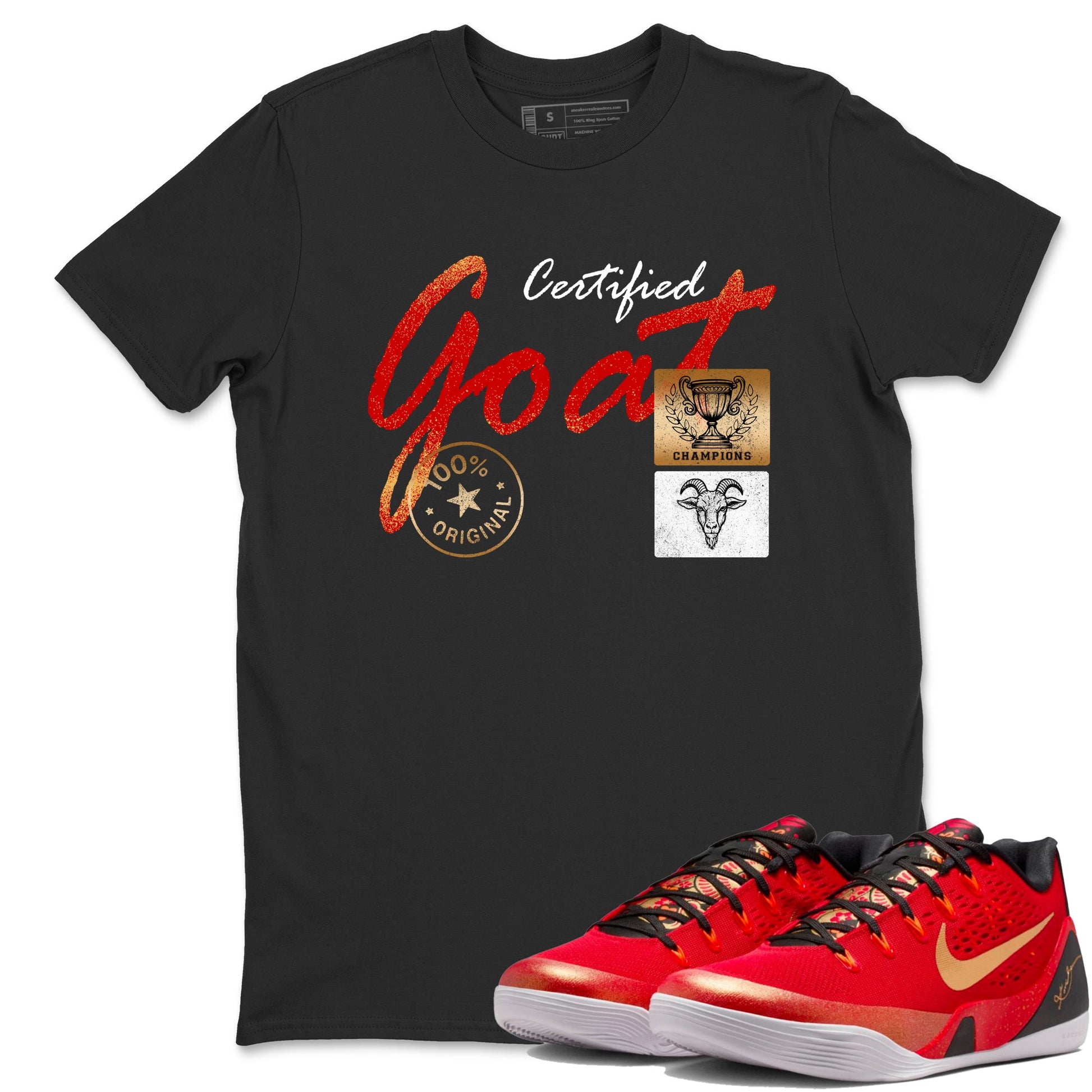 Sneaker match tees – Sneaker Tees To Match Nike KB 9 China Kobe 9 Low Proto EM University Red and Metallic Gold Shoes – Certified Goat Tee Black 1