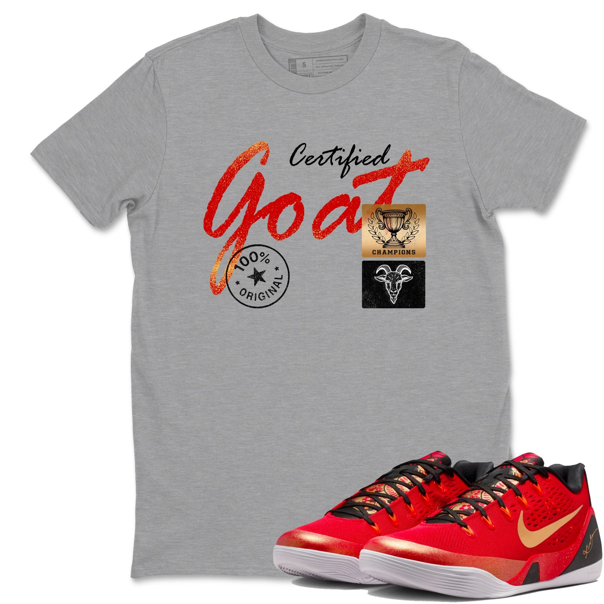 Sneaker match tees – Sneaker Tees To Match Nike KB 9 China Kobe 9 Low Proto EM University Red and Metallic Gold Shoes – Certified Goat Tee Heather Grey 1