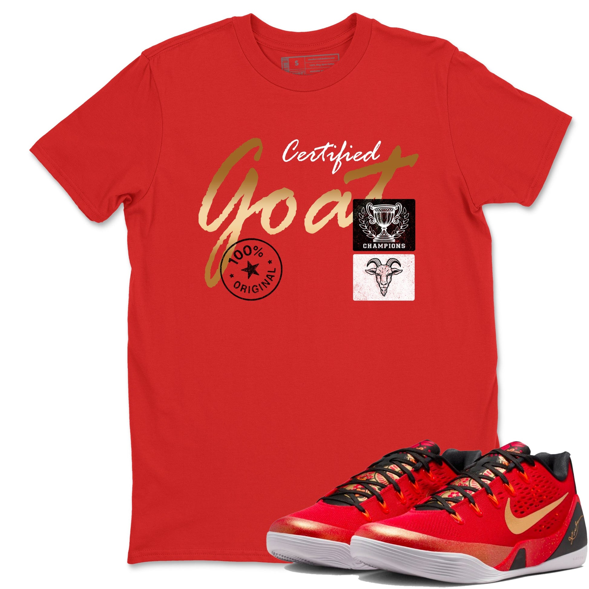 Sneaker match tees – Sneaker Tees To Match Nike KB 9 China Kobe 9 Low Proto EM University Red and Metallic Gold Shoes – Certified Goat Tee Red 1