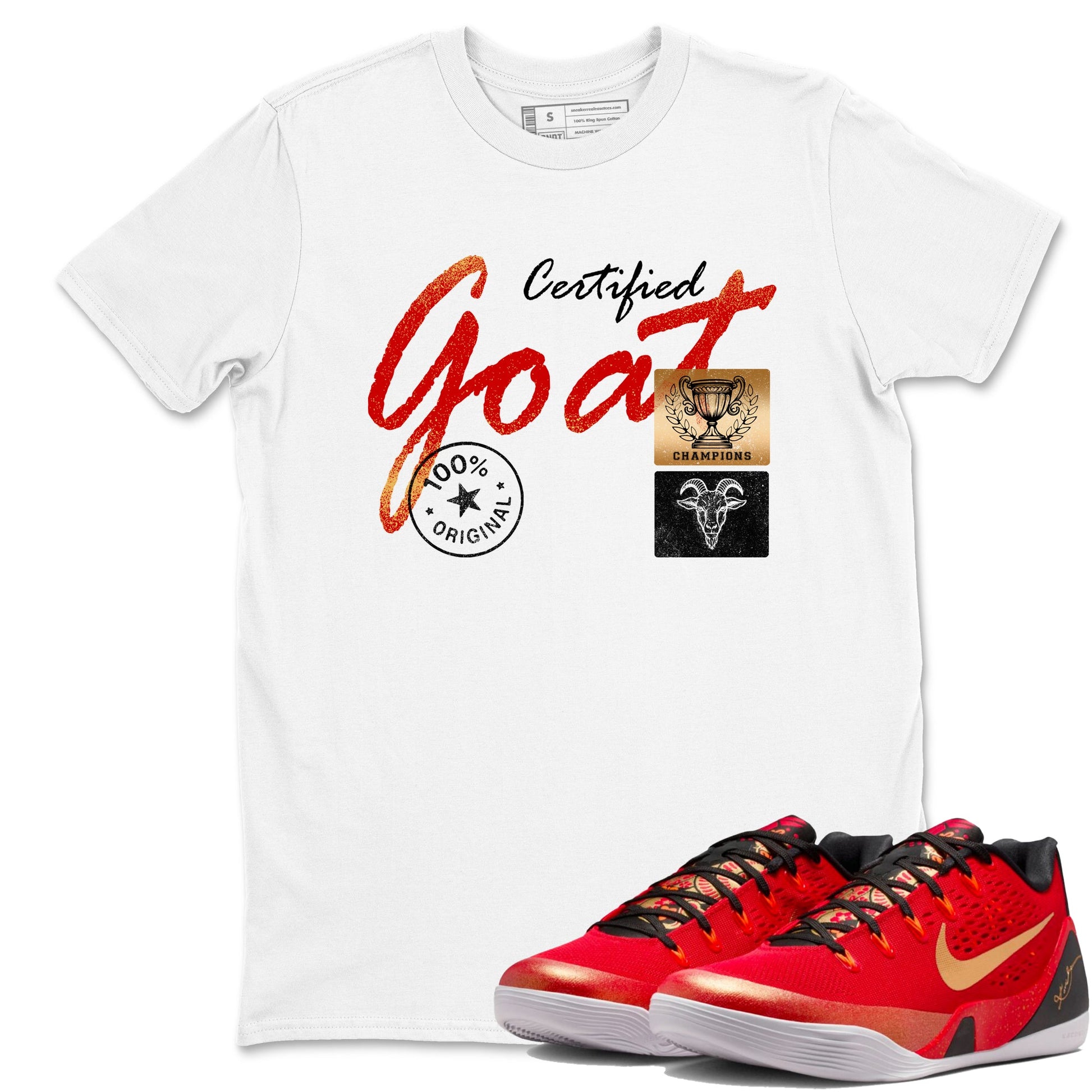 Sneaker match tees – Sneaker Tees To Match Nike KB 9 China Kobe 9 Low Proto EM University Red and Metallic Gold Shoes – Certified Goat Tee White 1