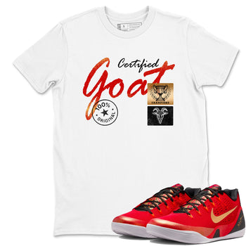 Sneaker match tees – Sneaker Tees To Match Nike KB 9 China Kobe 9 Low Proto EM University Red and Metallic Gold Shoes – Certified Goat Tee White 1