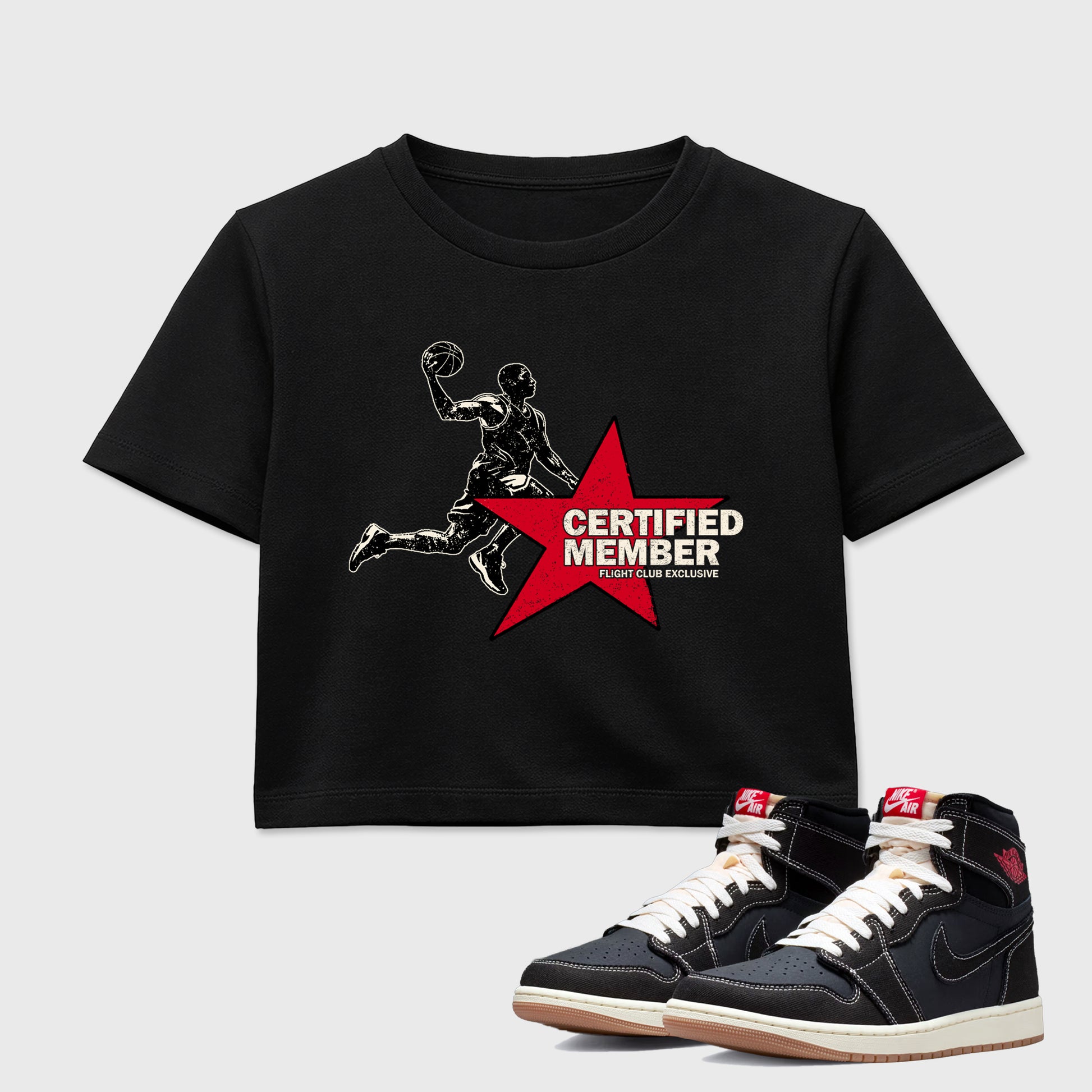 Sneaker match tees – Sneaker Tees To Match Air Jordan 1 Flight Club Shoes – Certified Member Crop T-Shirt Black 1