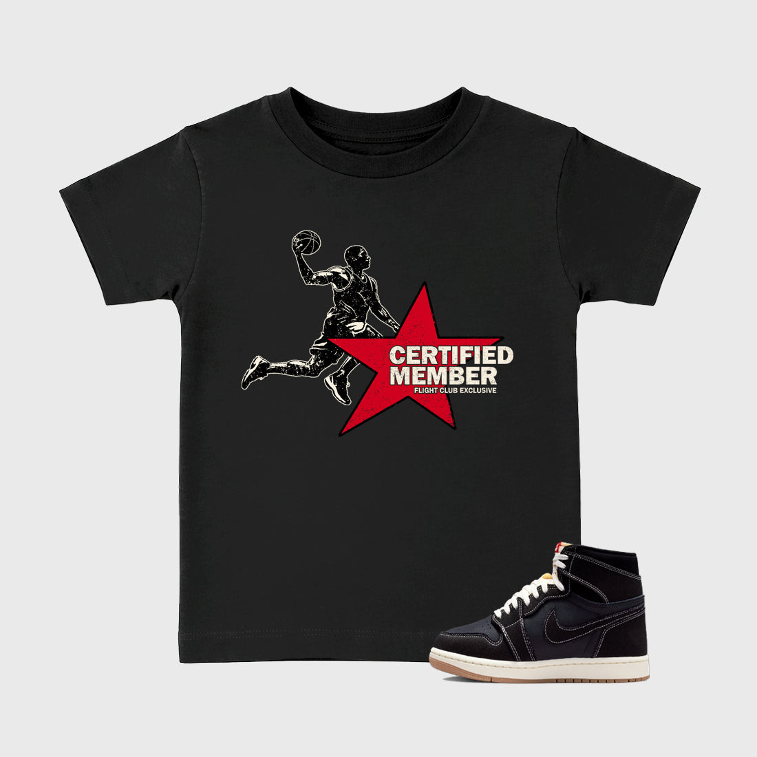 Sneaker match tees – Sneaker Tees To Match Air Jordan 1 Flight Club Shoes – Certified Member Kids T-Shirt Black 1