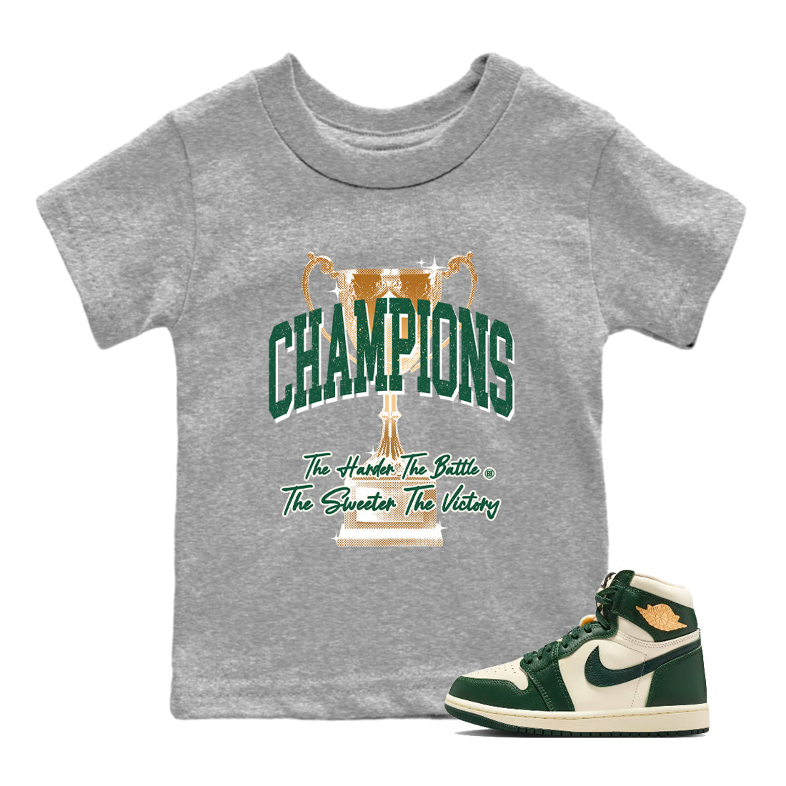 Sneaker Threads – Sneaker Tees To Match Air Jordan 1 Pro Green – Champions Trophy Youth Graphic Tee Heather Grey 1. Perfect for Jordan releases 2025 colorways.