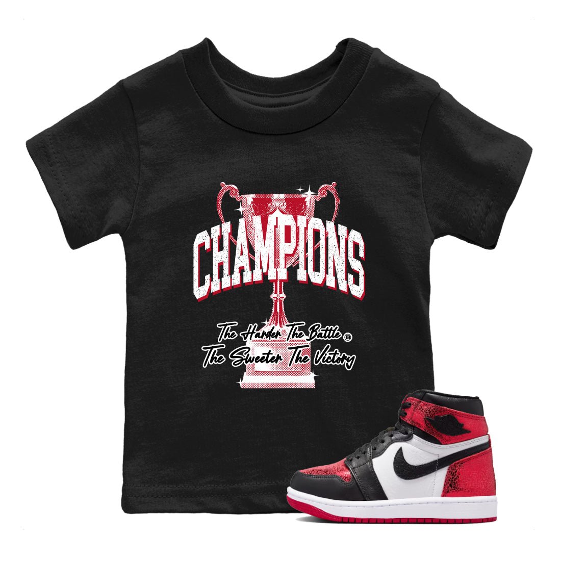Champions Trophy baby and kids t-shirt crafted for little sneakerheads to shine with the Air Jordan 1 Ruby sneakers, displayed in Black 1.