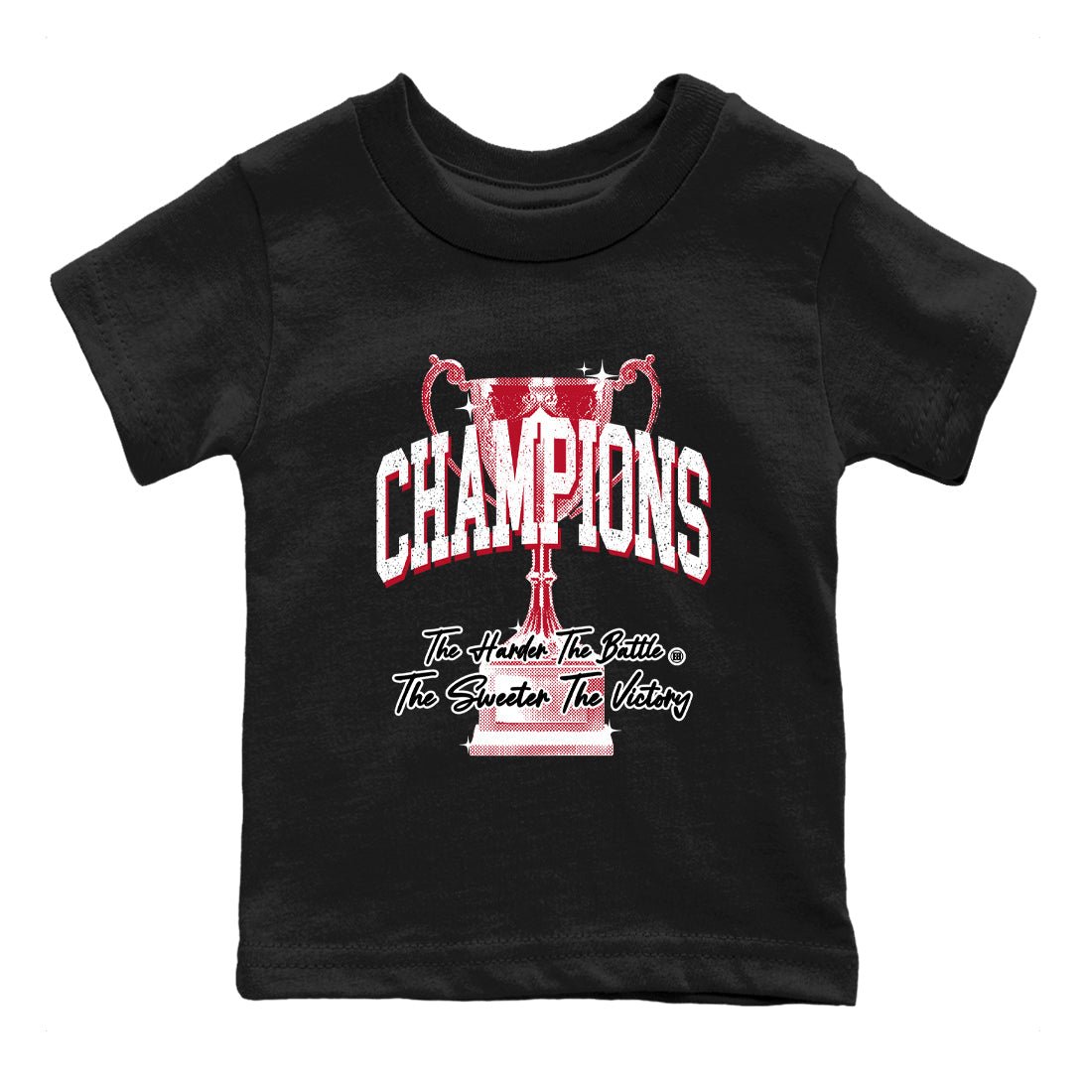 Champions Trophy baby and kids t-shirt crafted for little sneakerheads to shine with the Air Jordan 1 Ruby sneakers, displayed in Black 2.
