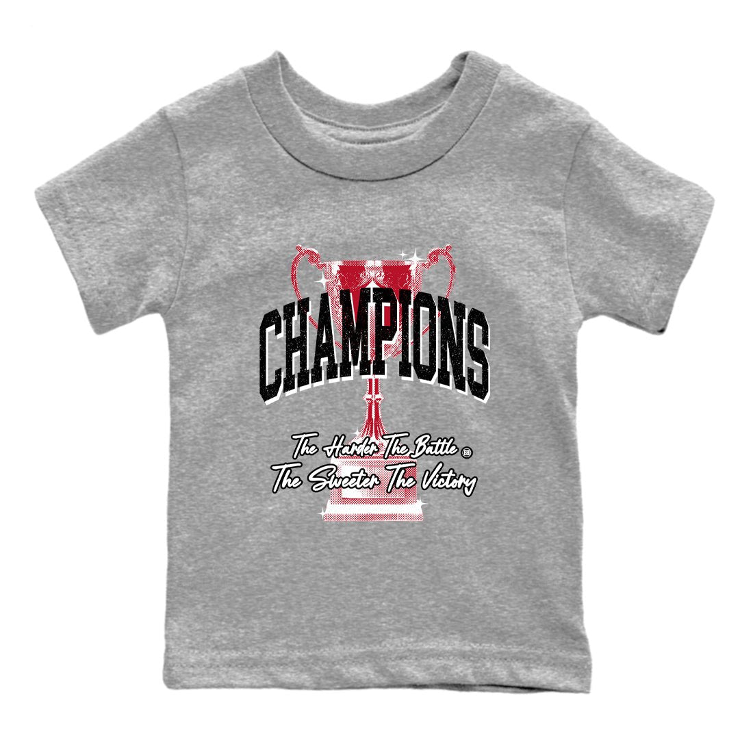 Champions Trophy baby and kids t-shirt crafted for little sneakerheads to shine with the Air Jordan 1 Ruby sneakers, displayed in Heather Grey 2.