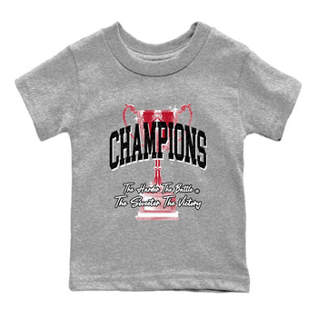 Champions Trophy baby and kids t-shirt crafted for little sneakerheads to shine with the Air Jordan 1 Ruby sneakers, displayed in Heather Grey 2.