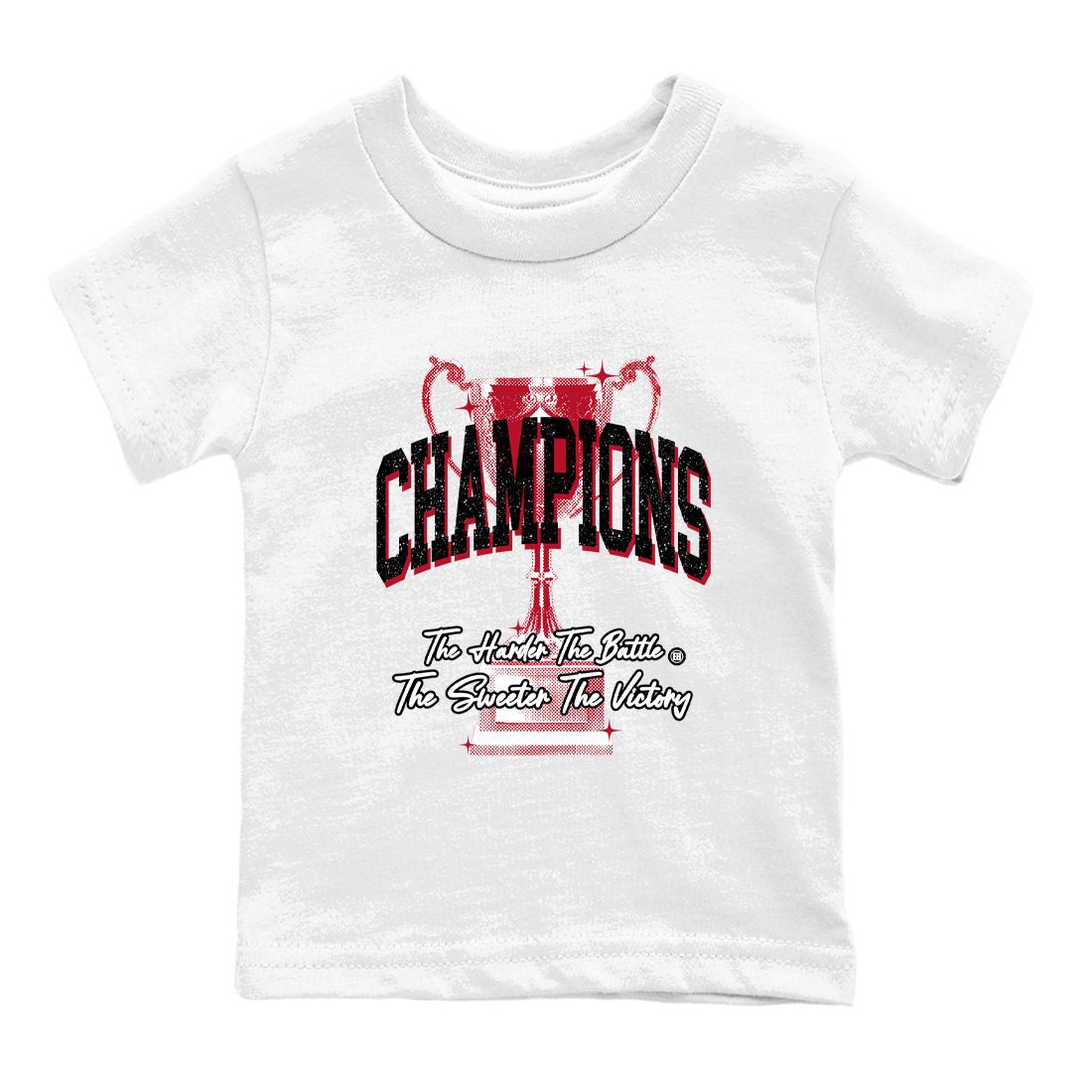 Champions Trophy baby and kids t-shirt crafted for little sneakerheads to shine with the Air Jordan 1 Ruby sneakers, displayed in White 2.
