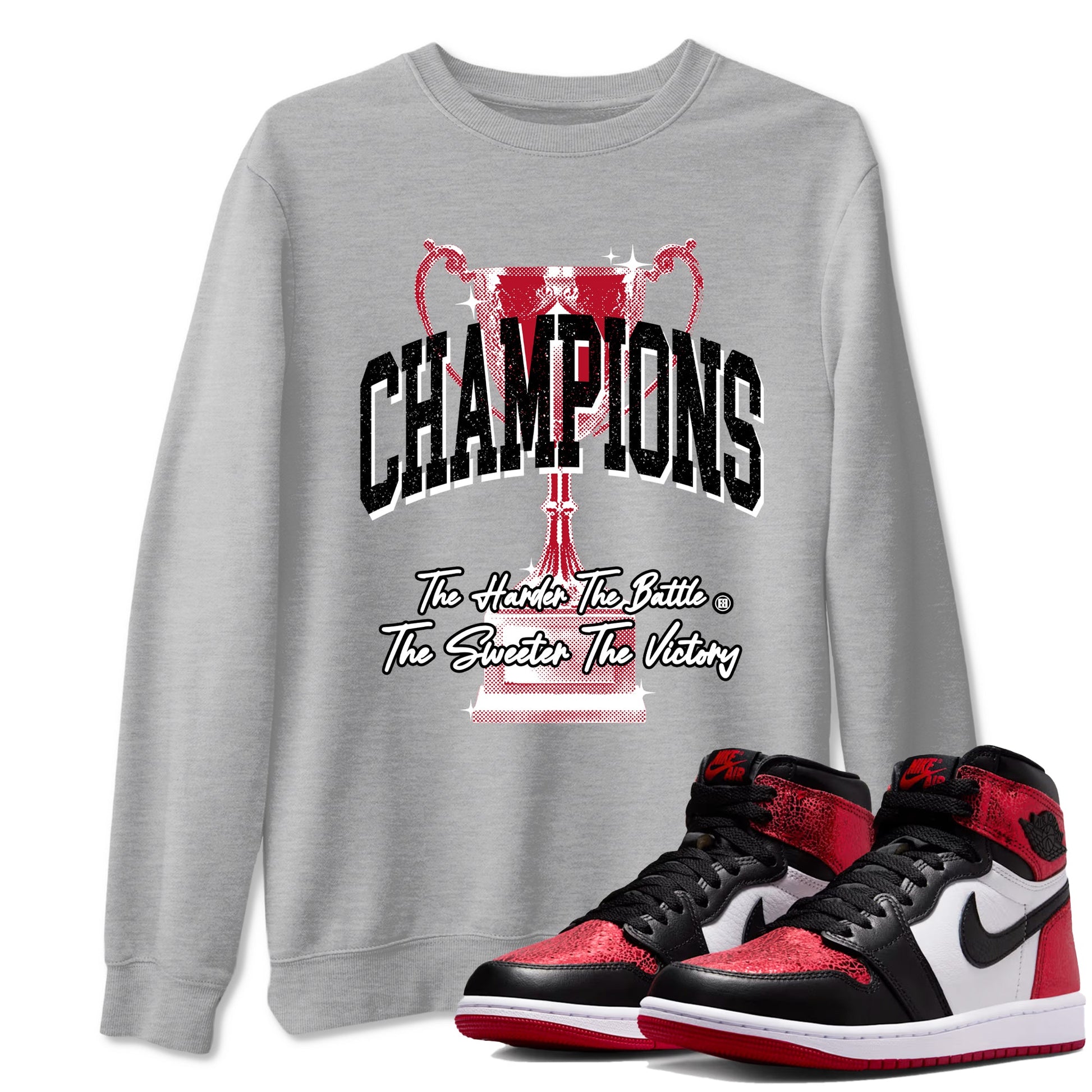Champions Trophy sneaker match t-shirt styled to complete your fit with the Air Jordan 1 Ruby sneakers, shown in Heather Grey 1.