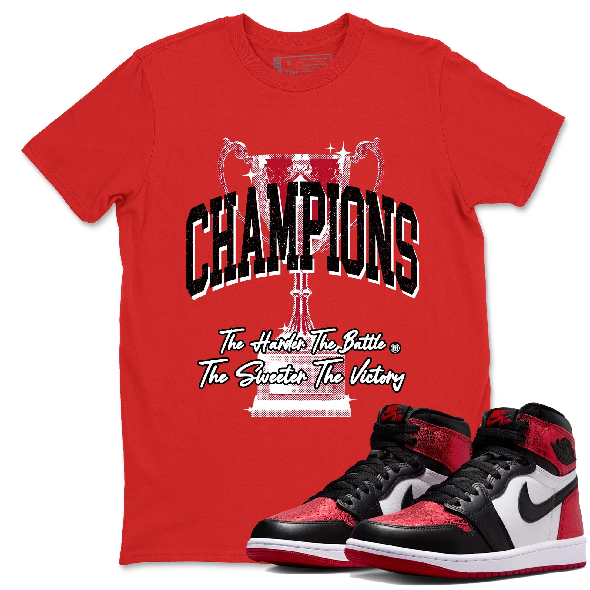 Champions Trophy sneaker match t-shirt styled to complete your fit with the Air Jordan 1 Ruby sneakers, shown in Red 1.