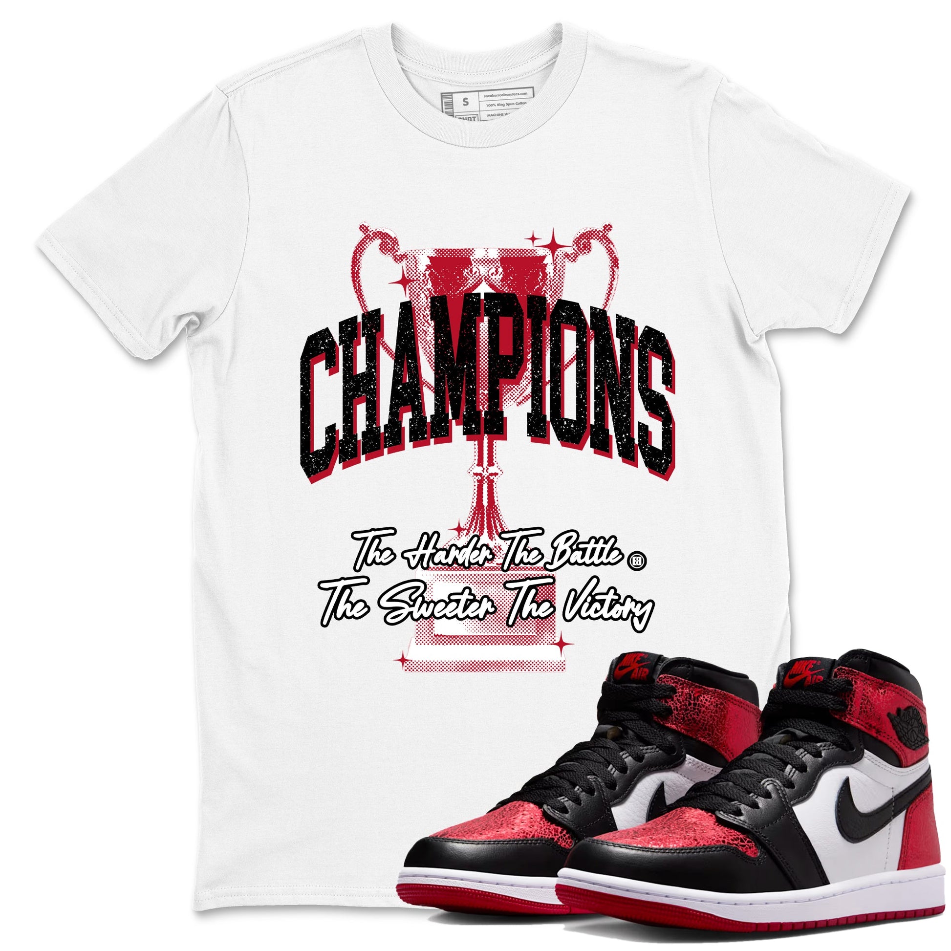Champions Trophy sneaker match t-shirt styled to complete your fit with the Air Jordan 1 Ruby sneakers, shown in White 1.