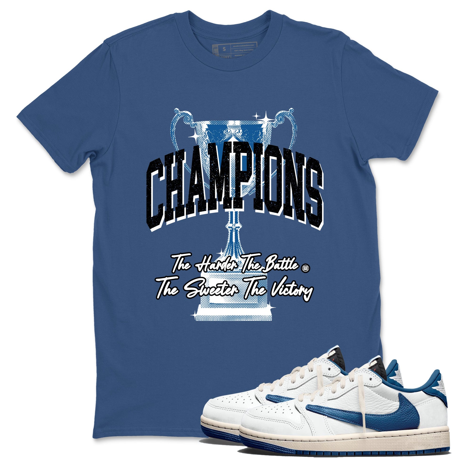 Sneaker match tees – Sneaker Tees To Match Air Jordan 1 Travis Scott Fragment Shoes – Champions Trophy Tee Denim Blue 1