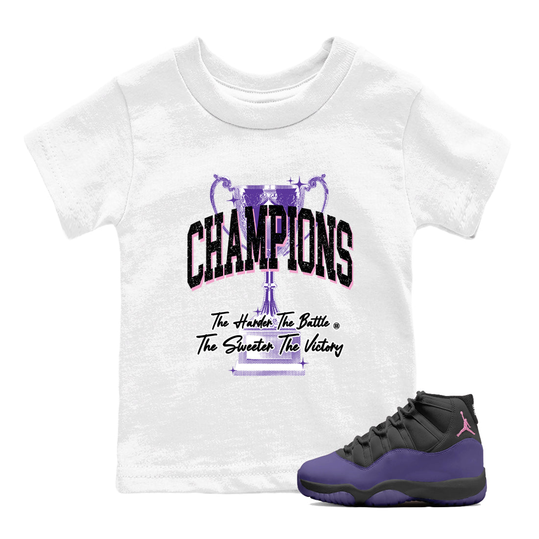Sneaker match tees – Sneaker Tees To Match Air Jordan 11 Canyon Purple Shoes – Champions Trophy Kids T-Shirt White 1